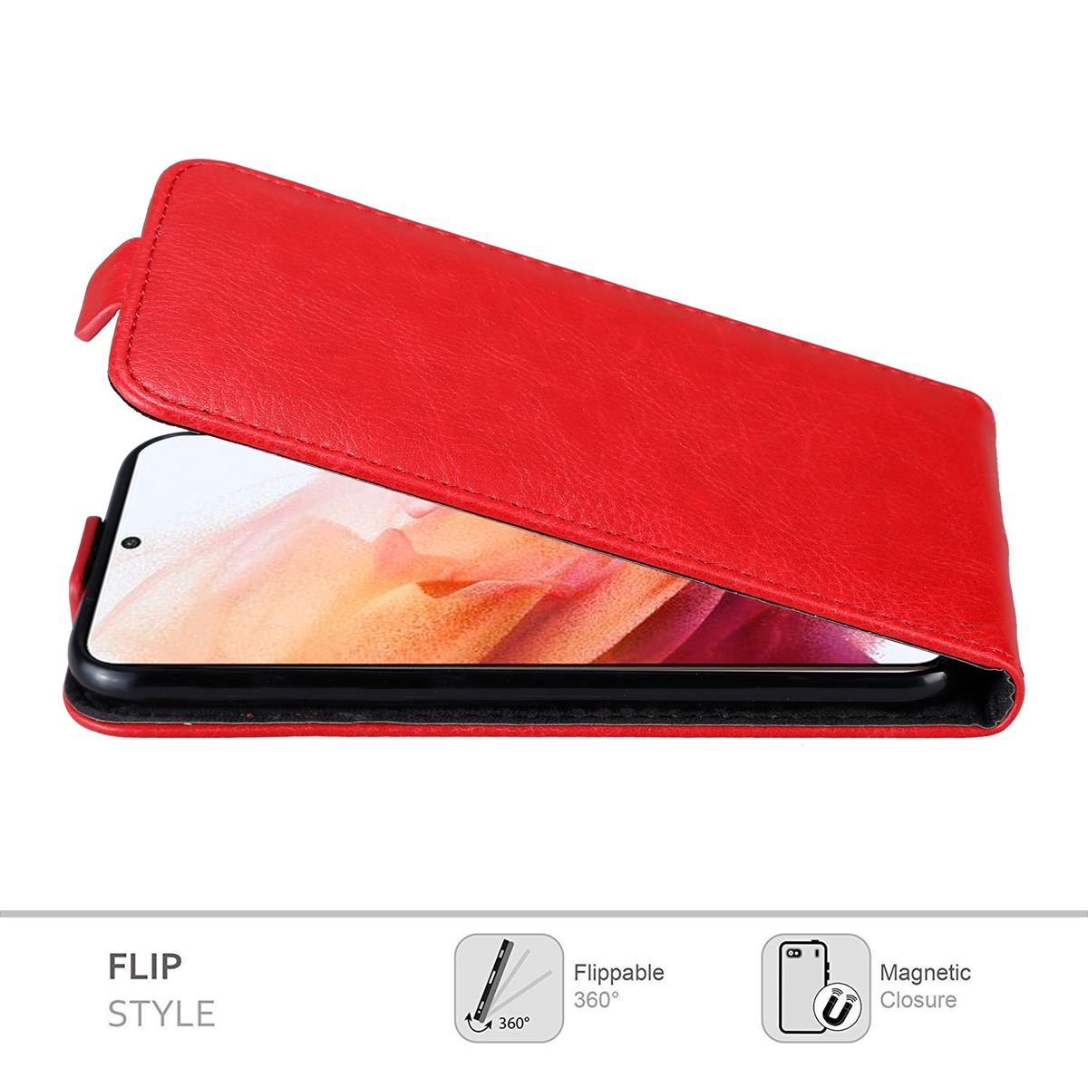 Eine rote Handyhülle ist geöffnet und zeigt ein Telefon. Die Hülle ist im Flip-Stil.