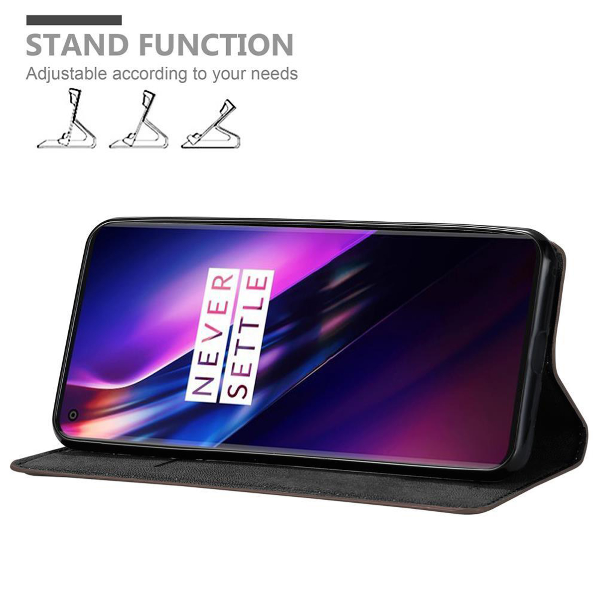 Schwarze Handyhülle offen, mit einem Telefon auf dem Ständer. Text: Standfunktion.