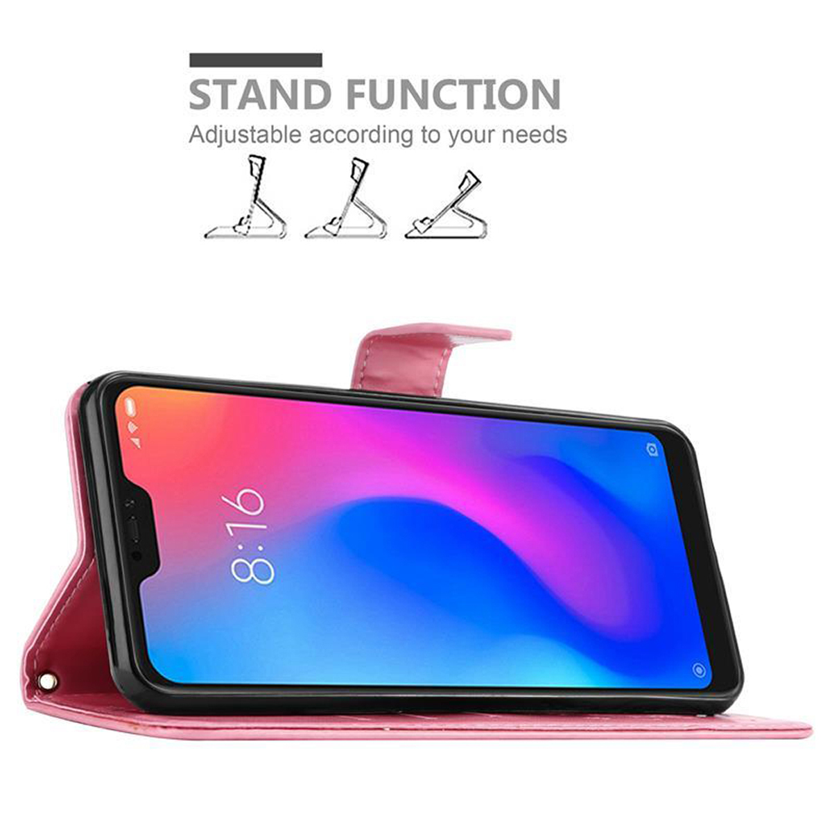 Una custodia per telefono rosa con un telefono all'interno e la funzione stand mostrata.
