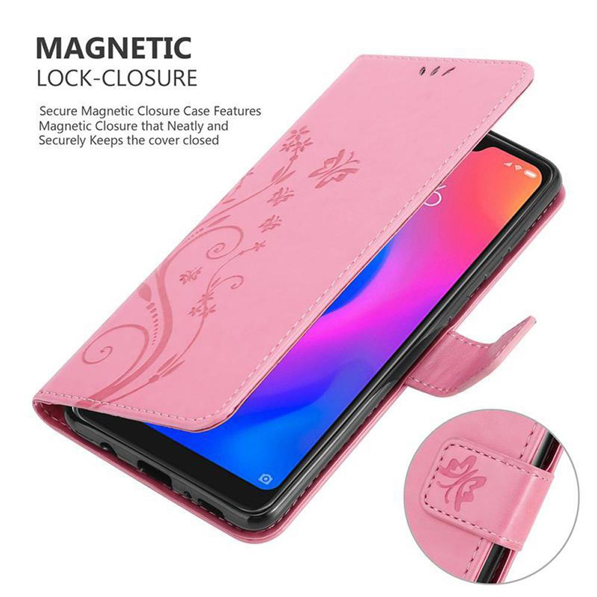 Una custodia rosa per telefono con un design floreale, aperta, che mostra lo schermo del telefono.