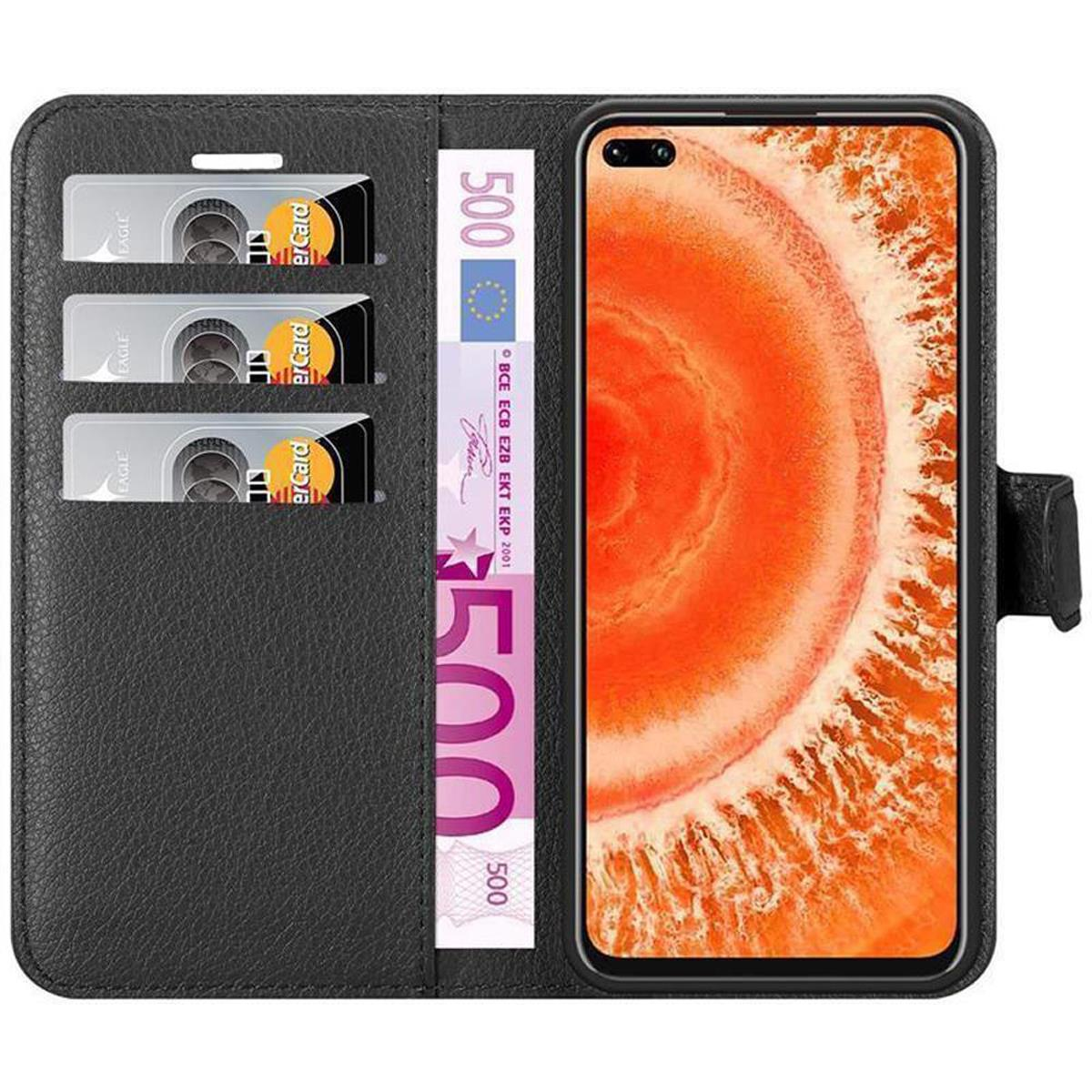 Schwarze Handyhülle, offen, mit Telefon und Karten. Geld sichtbar. Wallet-Alternative.