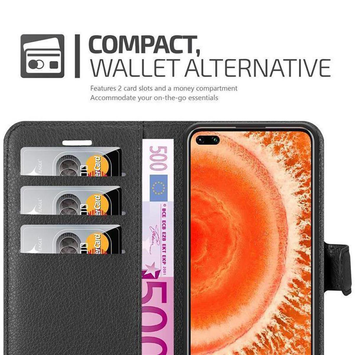 Offene schwarze Handyhülle mit drei Karten und einem 500-Euro-Schein. Telefon sichtbar.