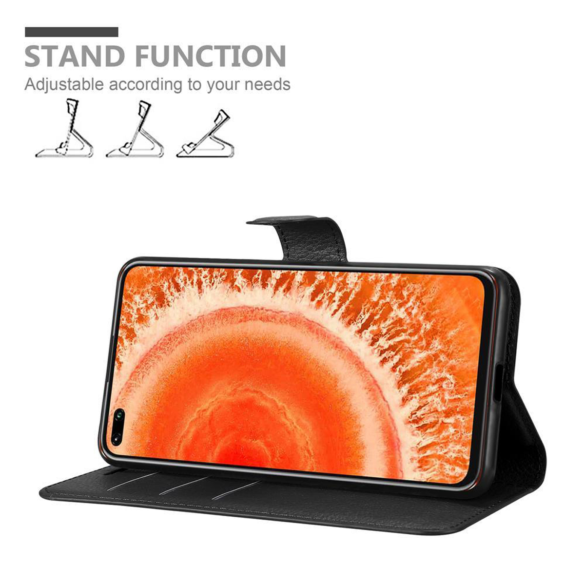 Schwarze Handyhülle mit Telefon, das einen Bildschirm anzeigt. Die Standfunktion wird angezeigt.