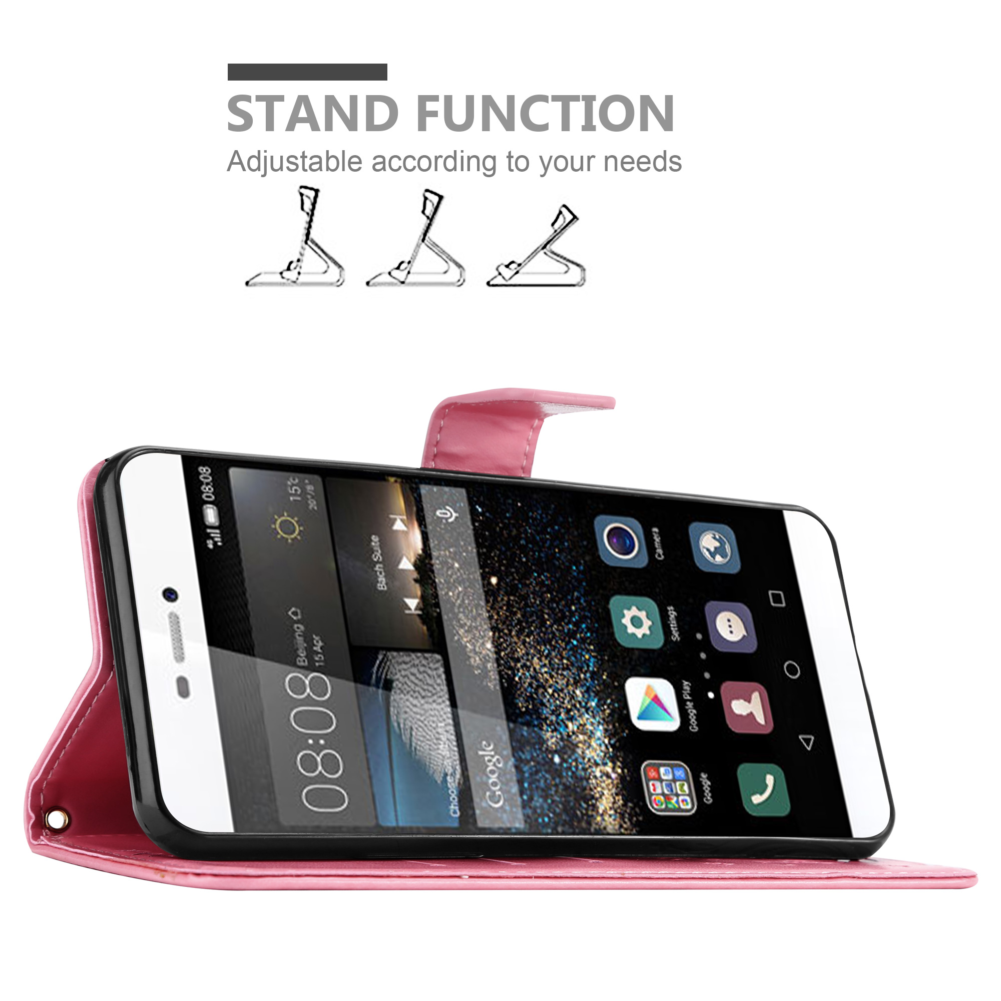 Una custodia per telefono rosa è aperta, che tiene un telefono. Il telefono è in funzione stand. Lo sfondo è bianco.