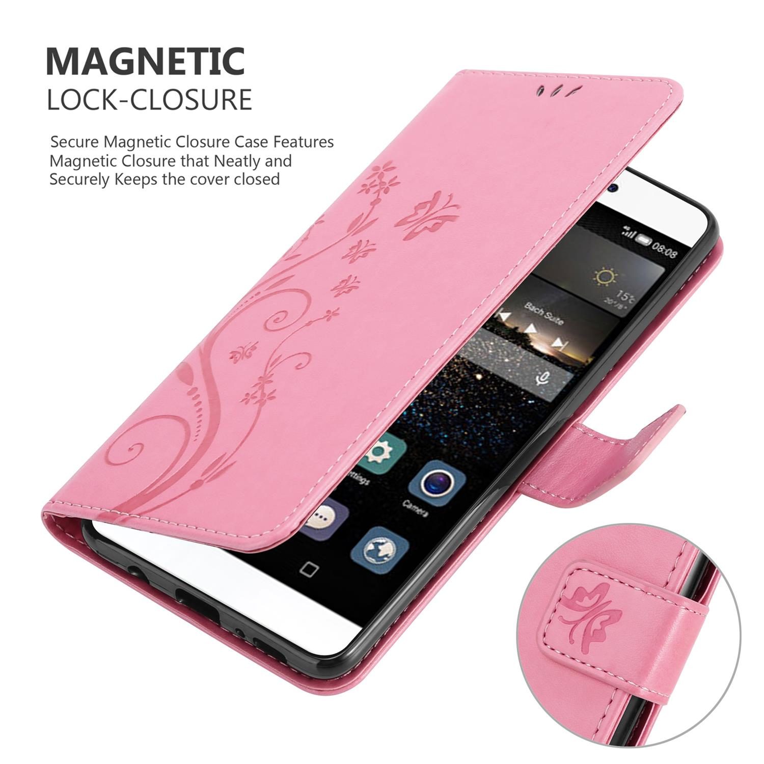 Custodia rosa per telefono con design floreale, aperta, mostra lo schermo. Dettaglio della chiusura.