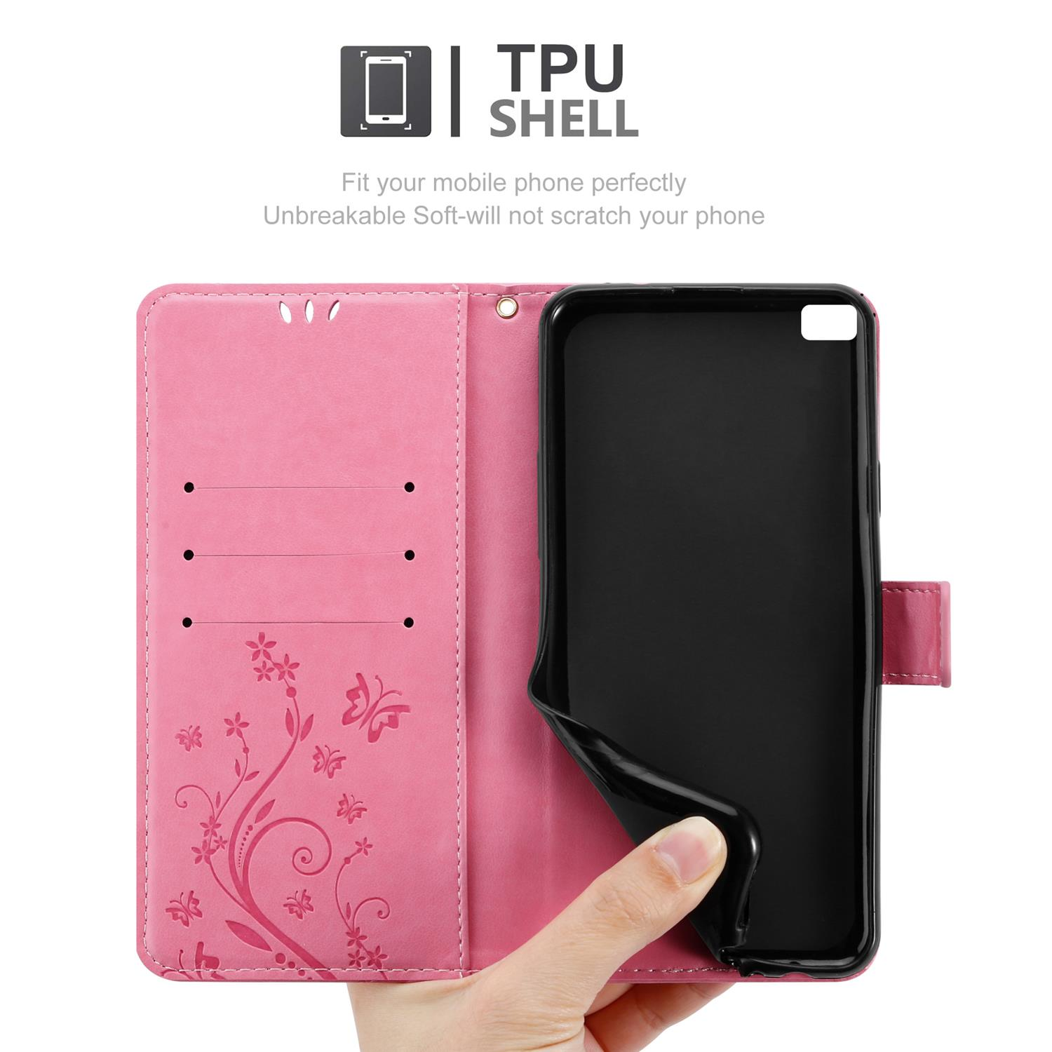 Una custodia rosa per telefono con un telefono nero all'interno. L'interno è decorato con un motivo floreale.