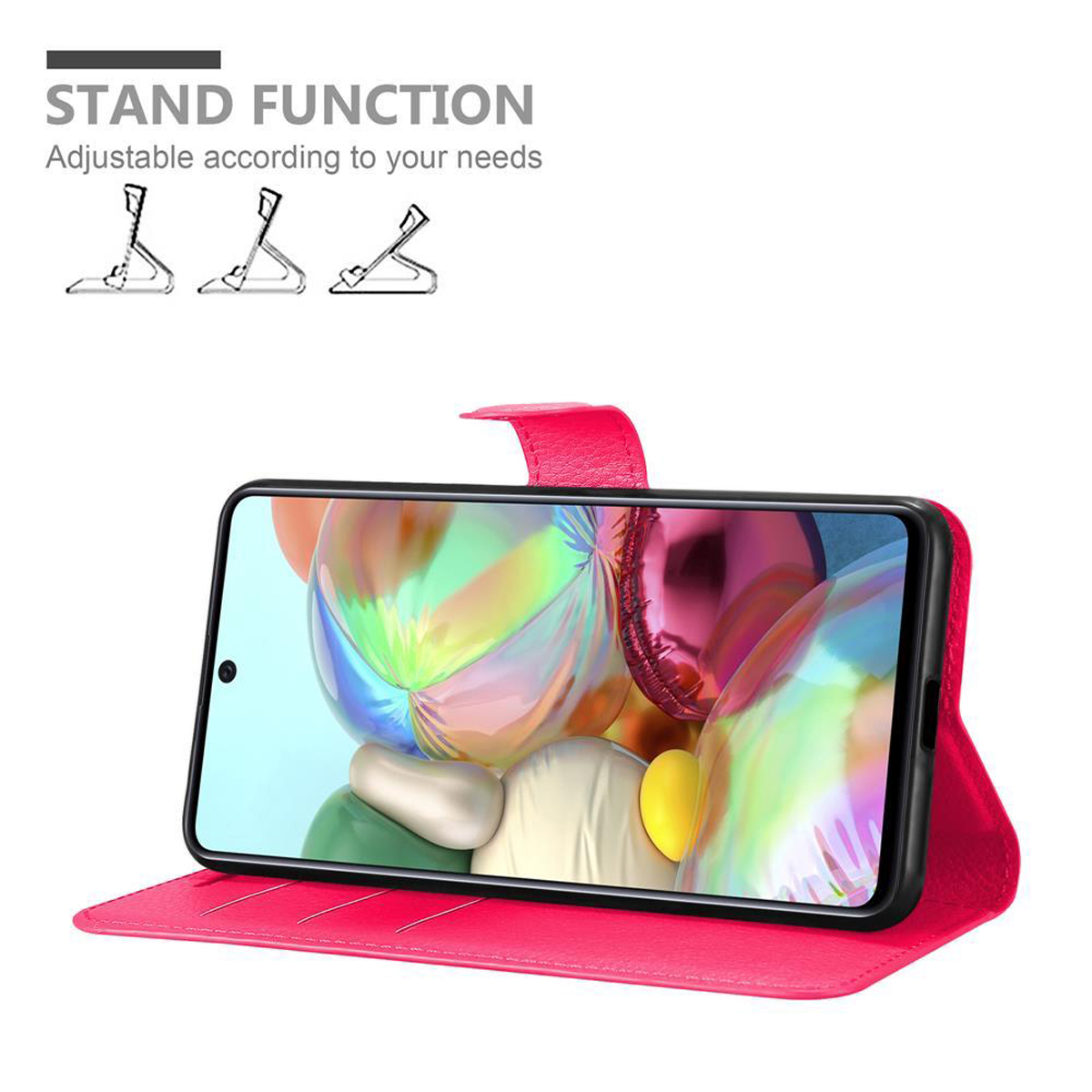 Custodia rosa per telefono, aperta. Telefono all'interno. Funzione supporto mostrata con diagrammi. Lo sfondo è bianco.