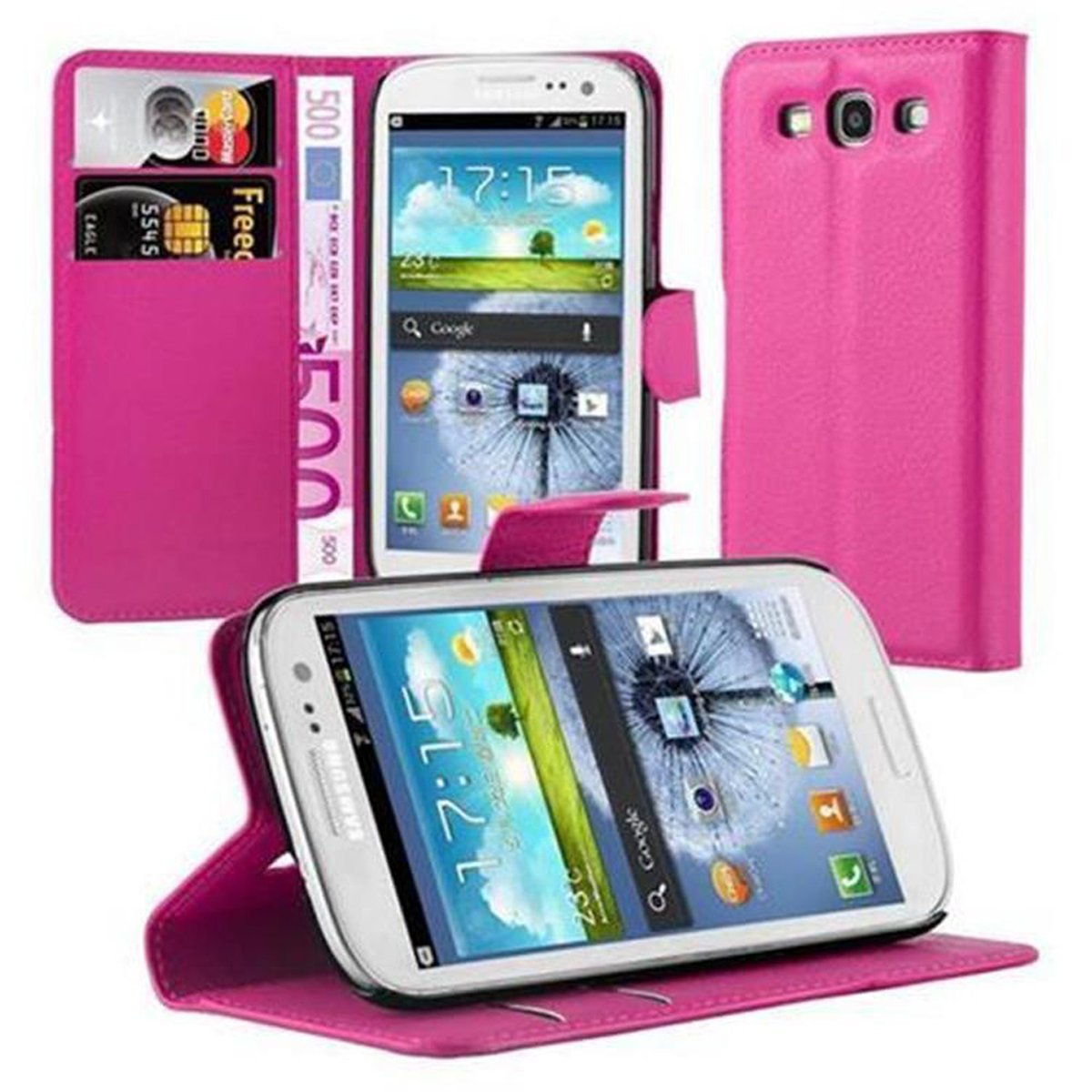 Rosa Handyhülle mit Telefon und Karten, Geld. Ein weiteres Telefon unten.