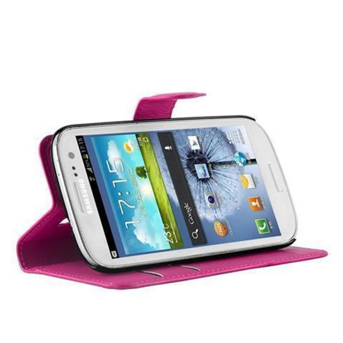 Eine pinke Handyhülle mit einem Telefon, geöffnet und leicht geneigt.
