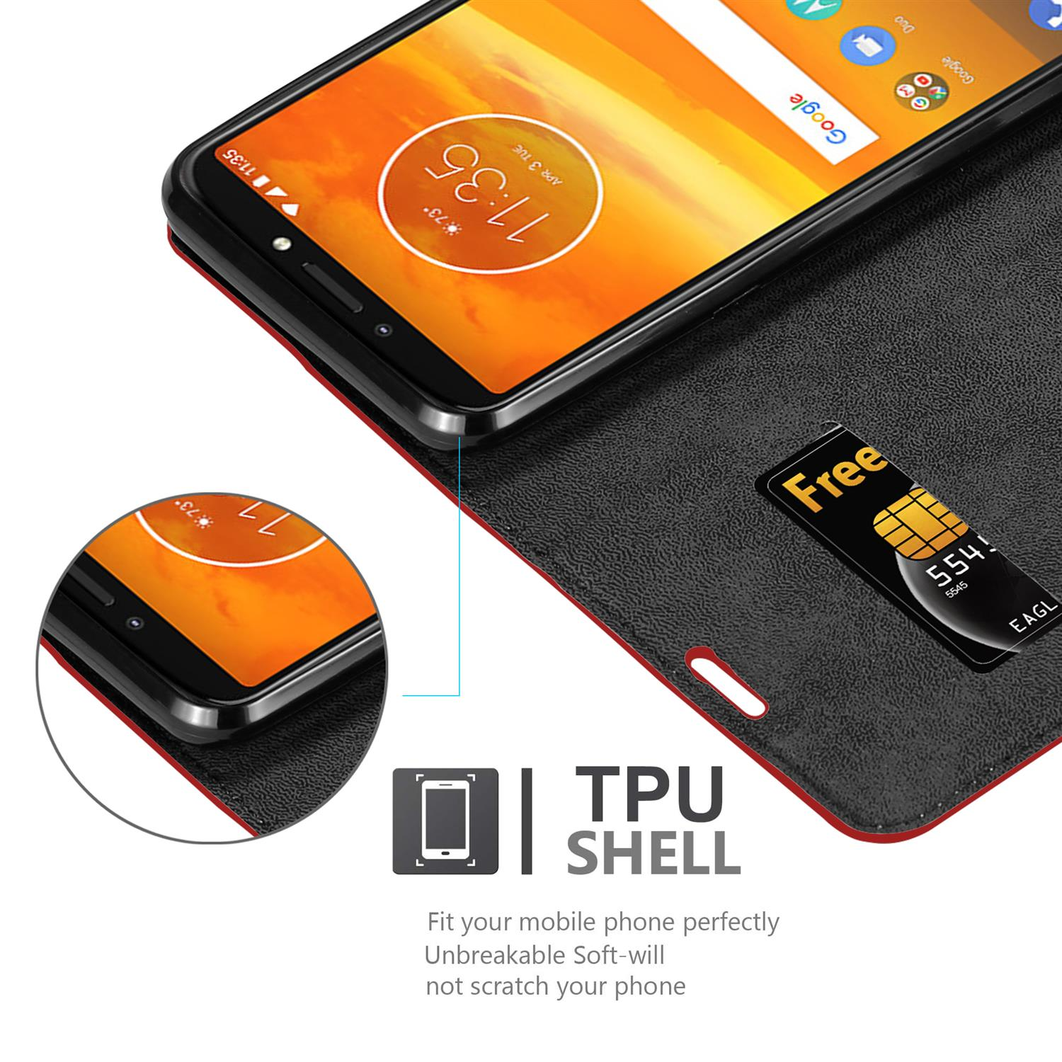 Un telefono nero in una custodia con SIM card e testo guscio TPU, su sfondo bianco.