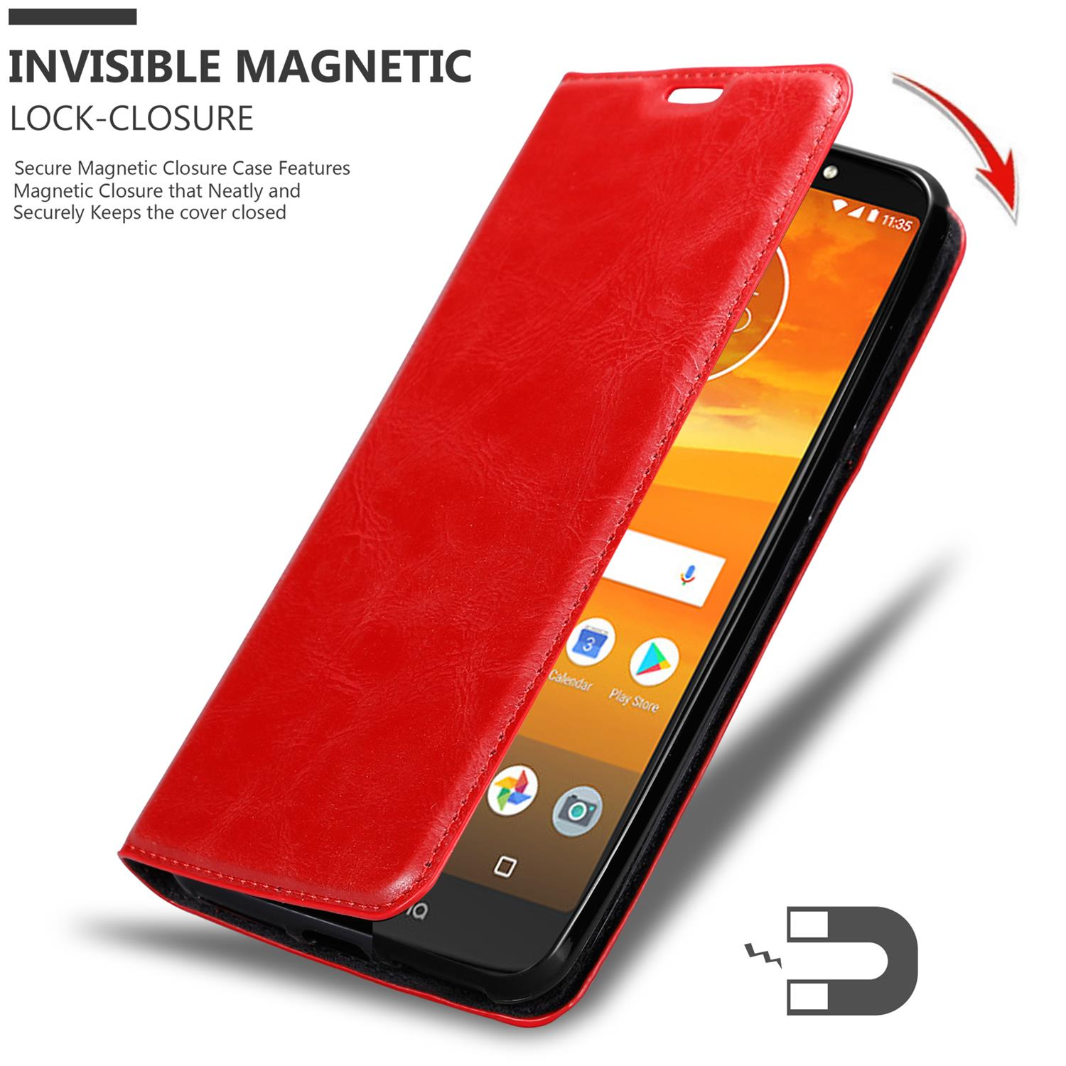 Custodia per telefono rossa con cover aperta, che mostra un telefono. Testo: chiusura magnetica invisibile, chiusura sicura.