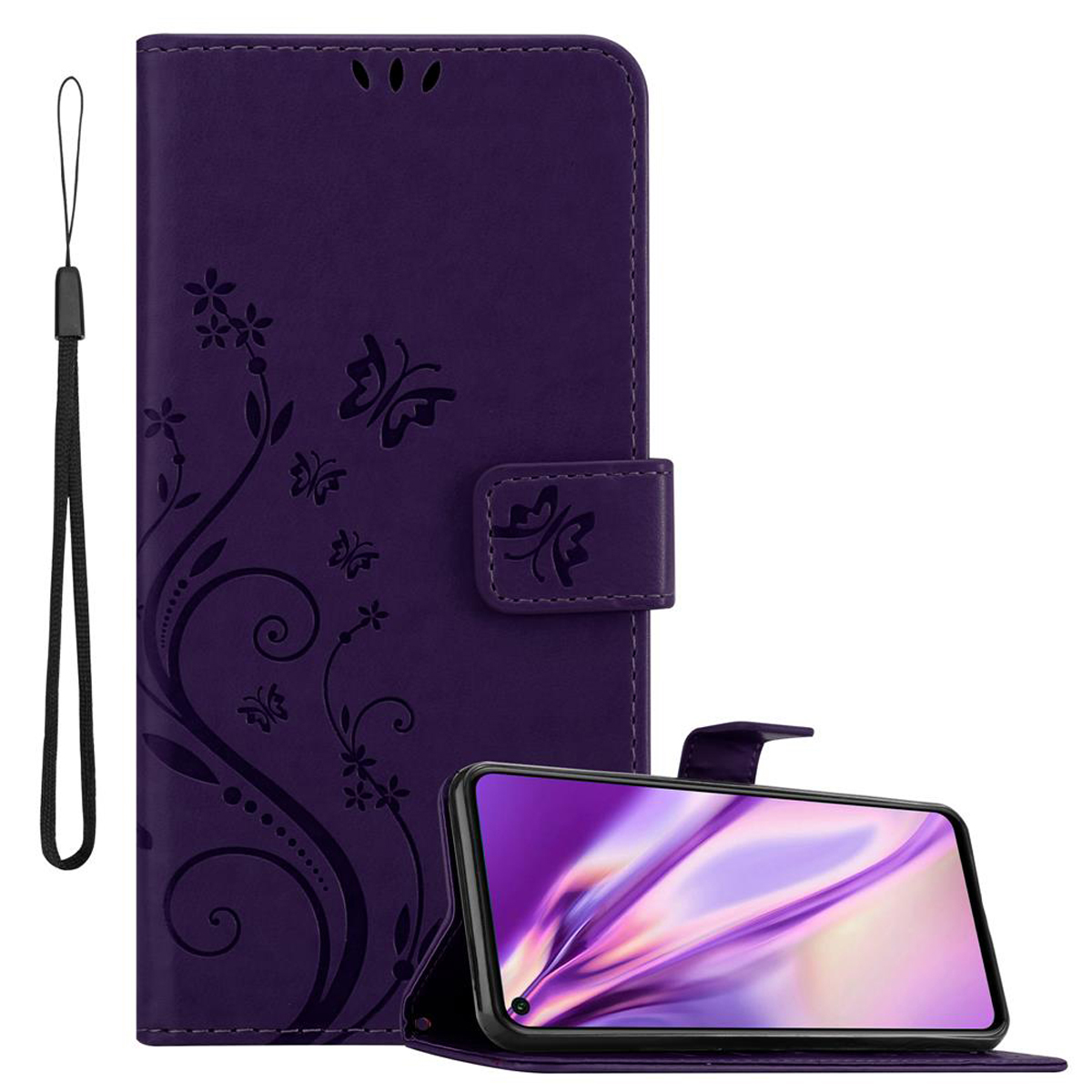 Lila Handyhülle mit Telefon. Blumendesign, Magnetverschluss, Handschlaufe. Weißer Hintergrund.