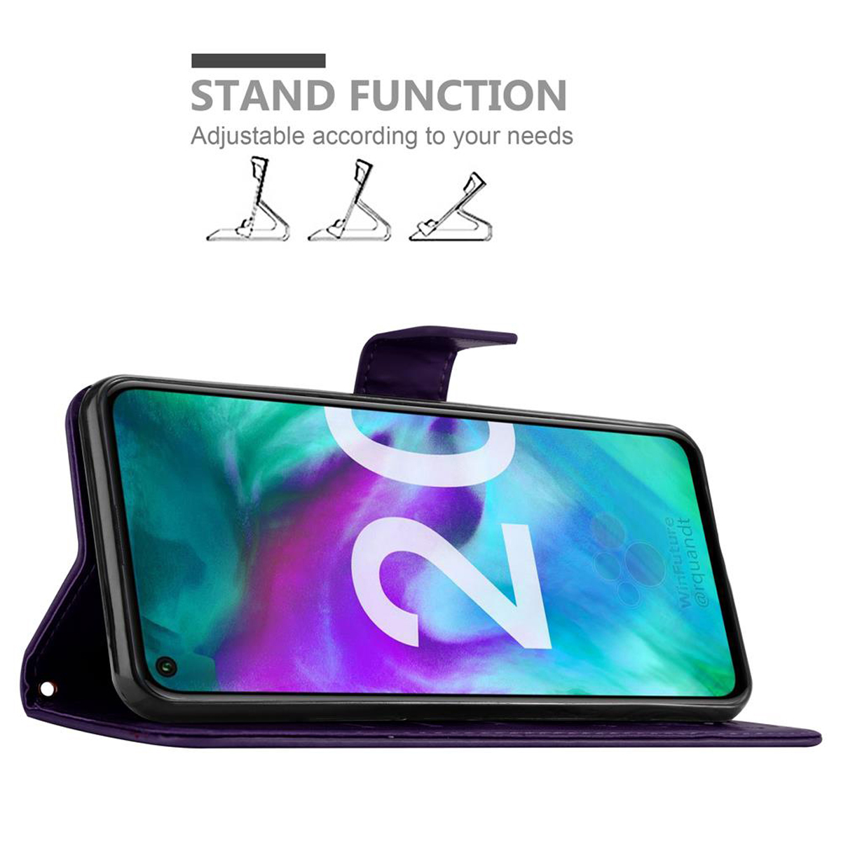 Lila Handyhülle mit Telefon, Standfunktion, verstellbar. Weißer Hintergrund.