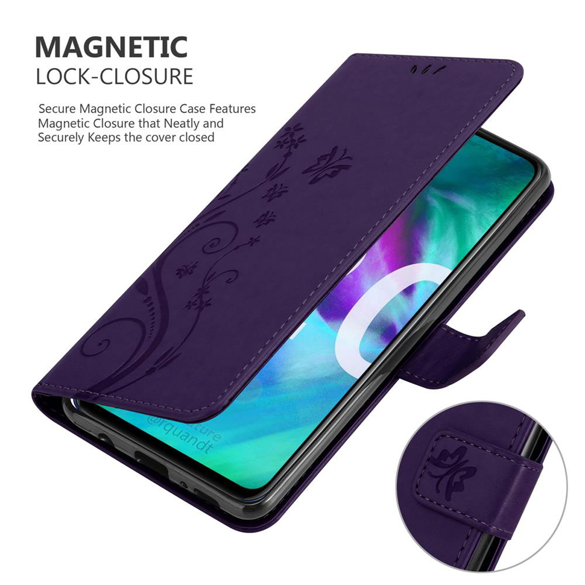 Lila Handyhülle geöffnet, mit Blumendesign. Telefon ist sichtbar. Magnetverschluss wird gezeigt.