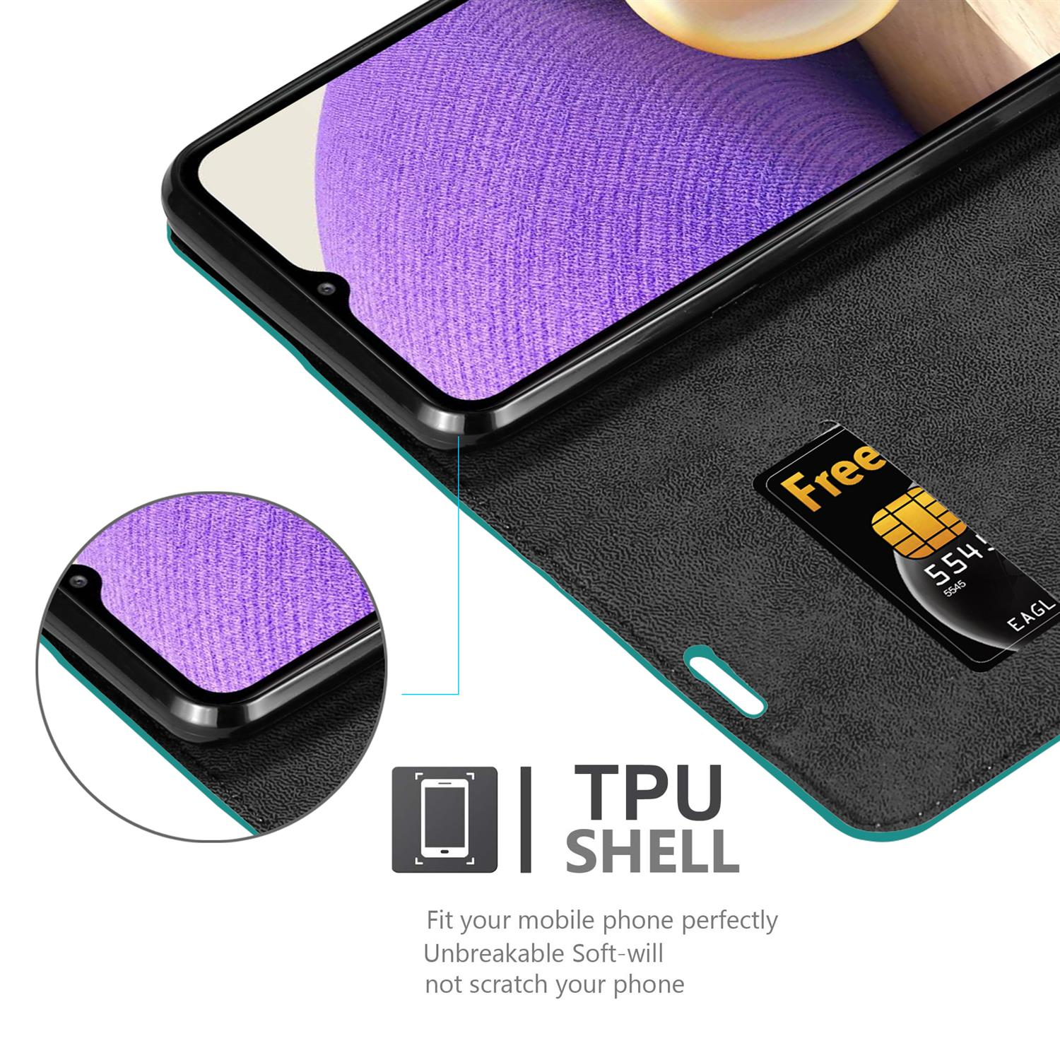 Custodia per telefono nera e verde acqua. Una carta è nello slot e un telefono è all'interno. Il telefono ha un display viola.