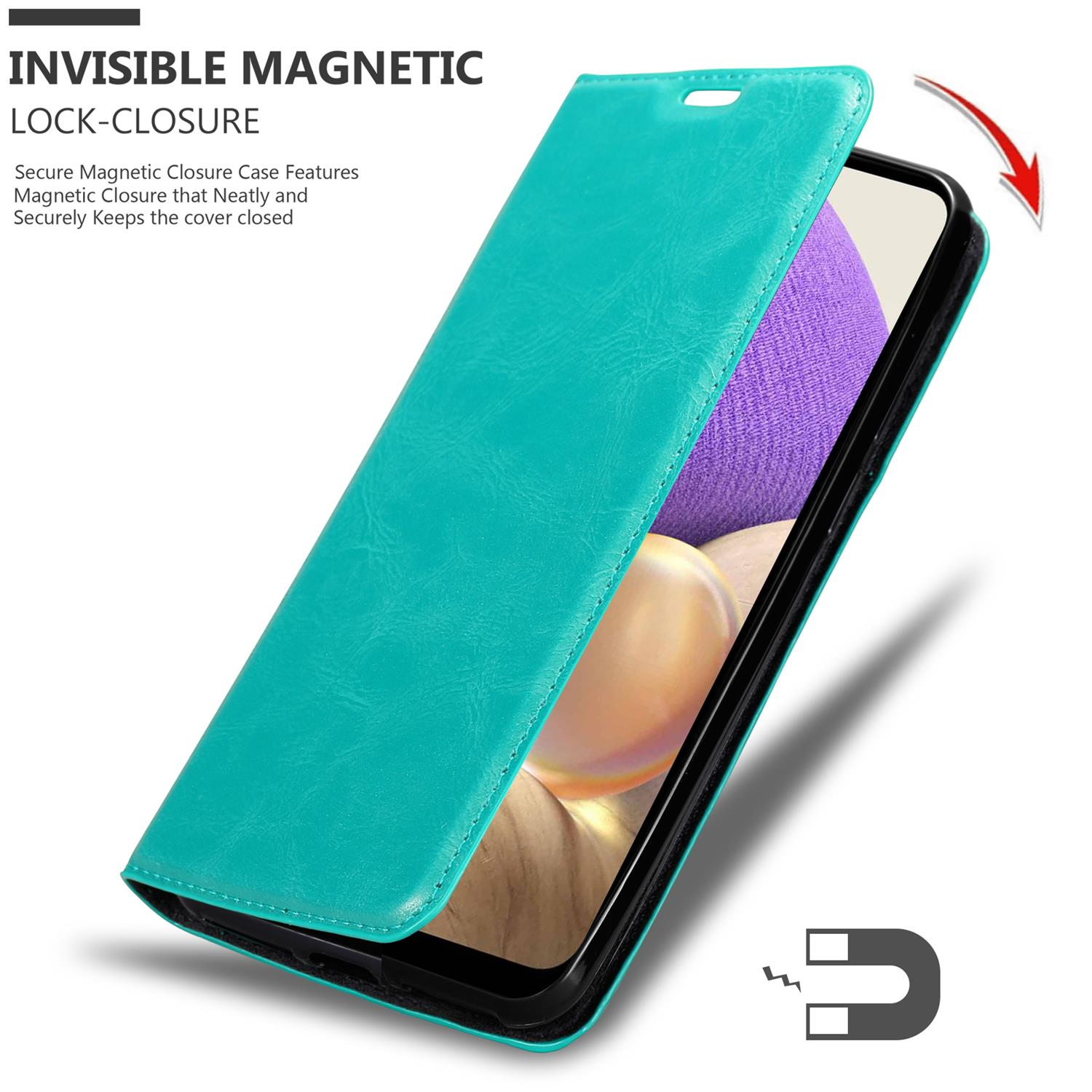 Custodia per telefono verde acqua aperta, che rivela un telefono. Testo: CHIUSURA MAGNETICA INVISIBILE.