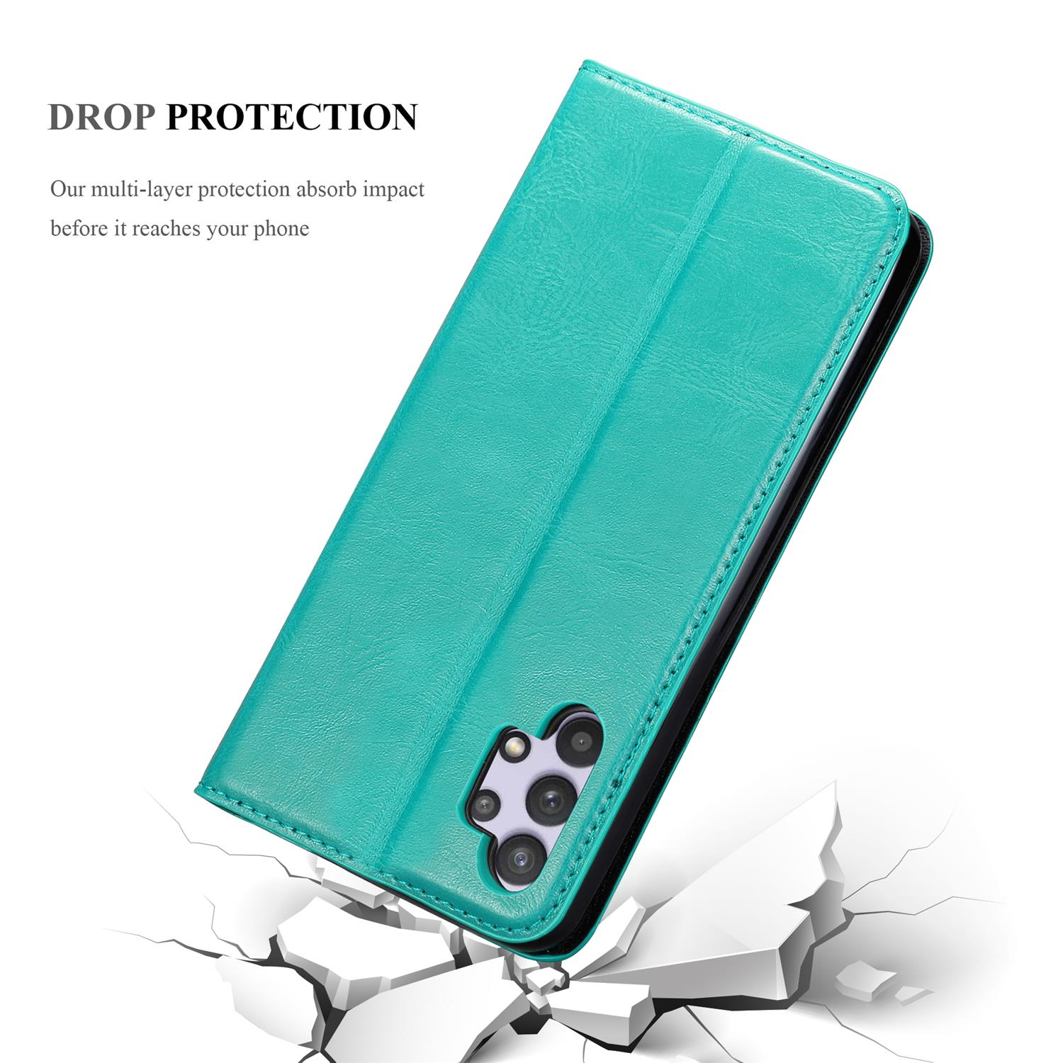Custodia verde acqua, telefono dentro. Testo: DROP PROTECTION. Cemento rotto sullo sfondo.