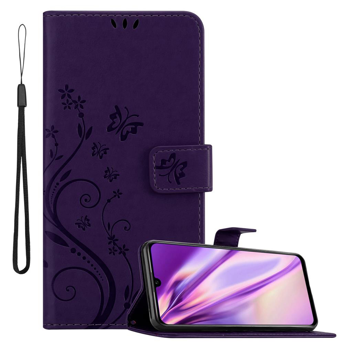 Custodia per telefono viola con design a farfalla. Il telefono mostra un'immagine sfocata. Cinturino da polso attaccato.