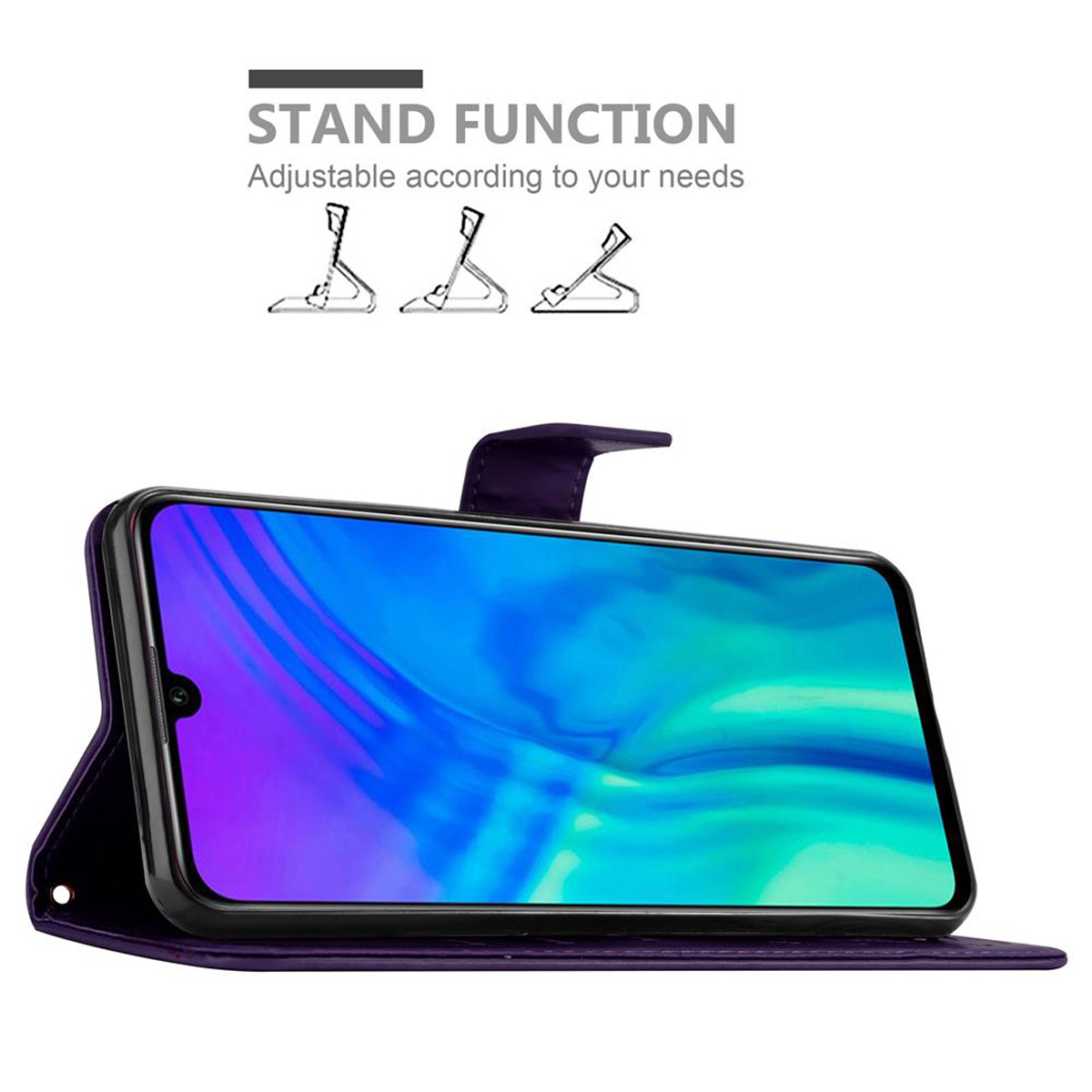 Telefono in custodia viola, schermo con immagine colorata. Grafica funzione supporto sopra.