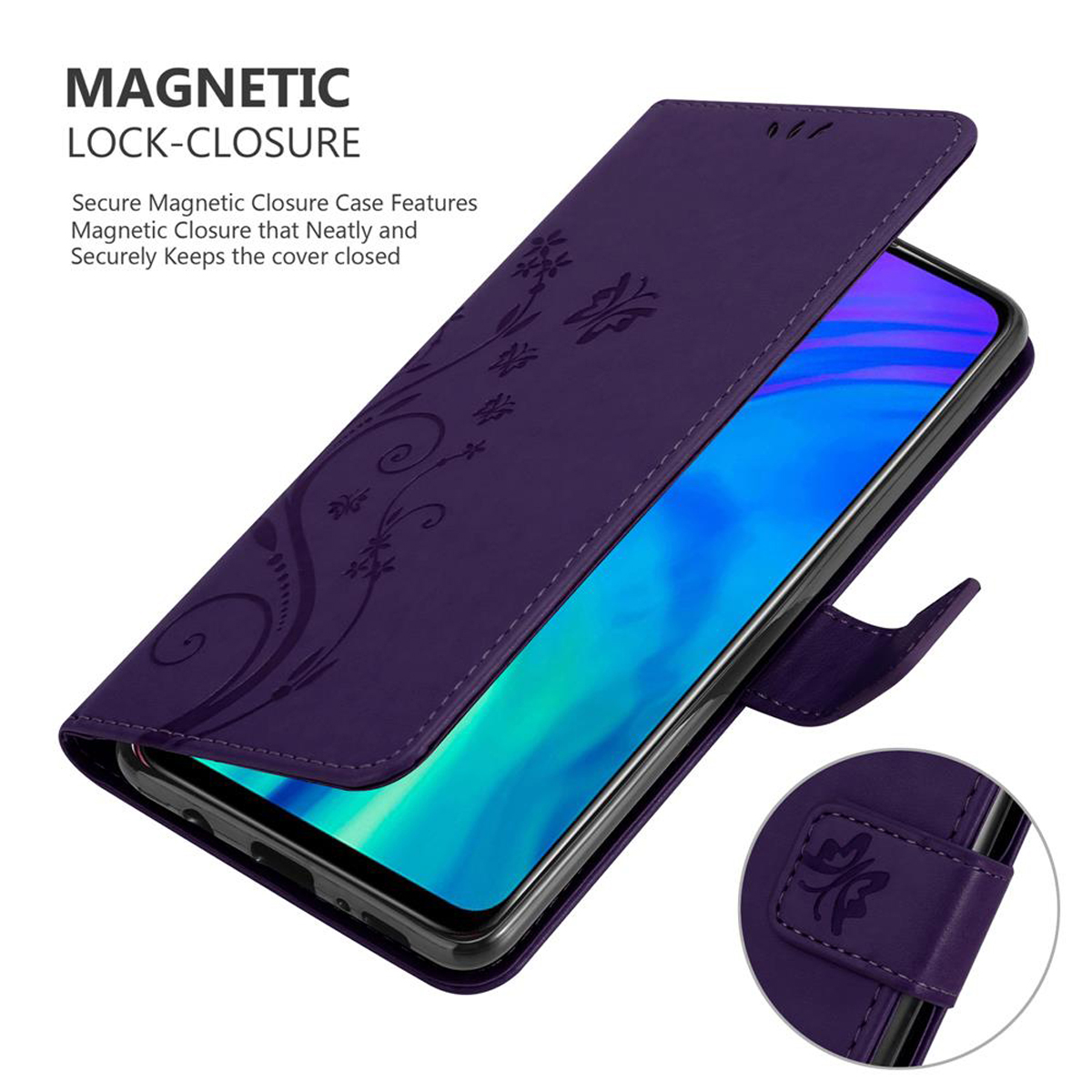 Una custodia per telefono viola è aperta, rivelando uno schermo. Ha un design floreale e chiusura magnetica.