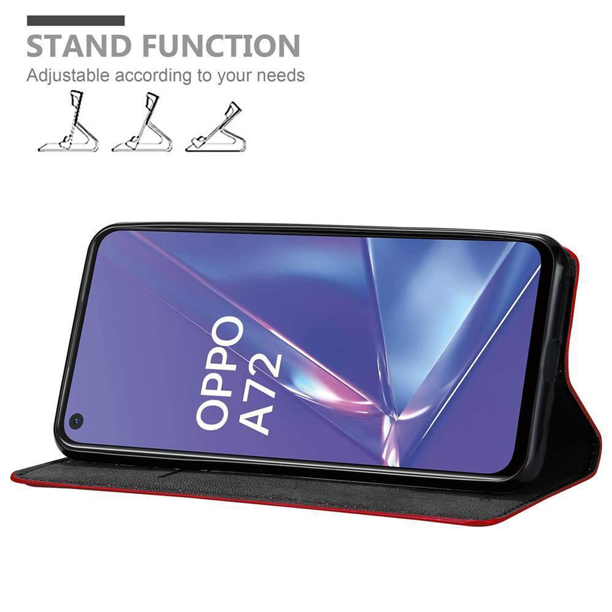 Un telefono OPPO A72 in una custodia rossa, appoggiato. Lo schermo mostra un design blu e bianco.