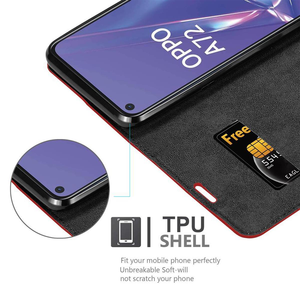 Custodia per telefono con un telefono che mostra il logo OPPO A72. Una carta è visibile nella custodia.