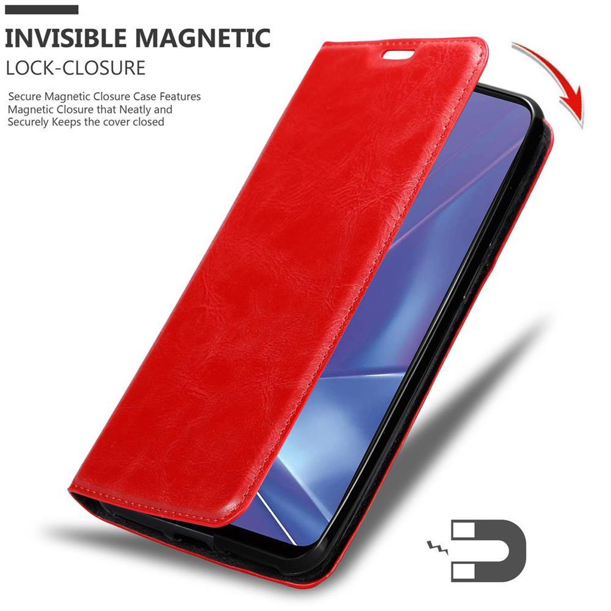 Custodia rossa aperta, mostra schermo. Chiusura magnetica pubblicizzata.