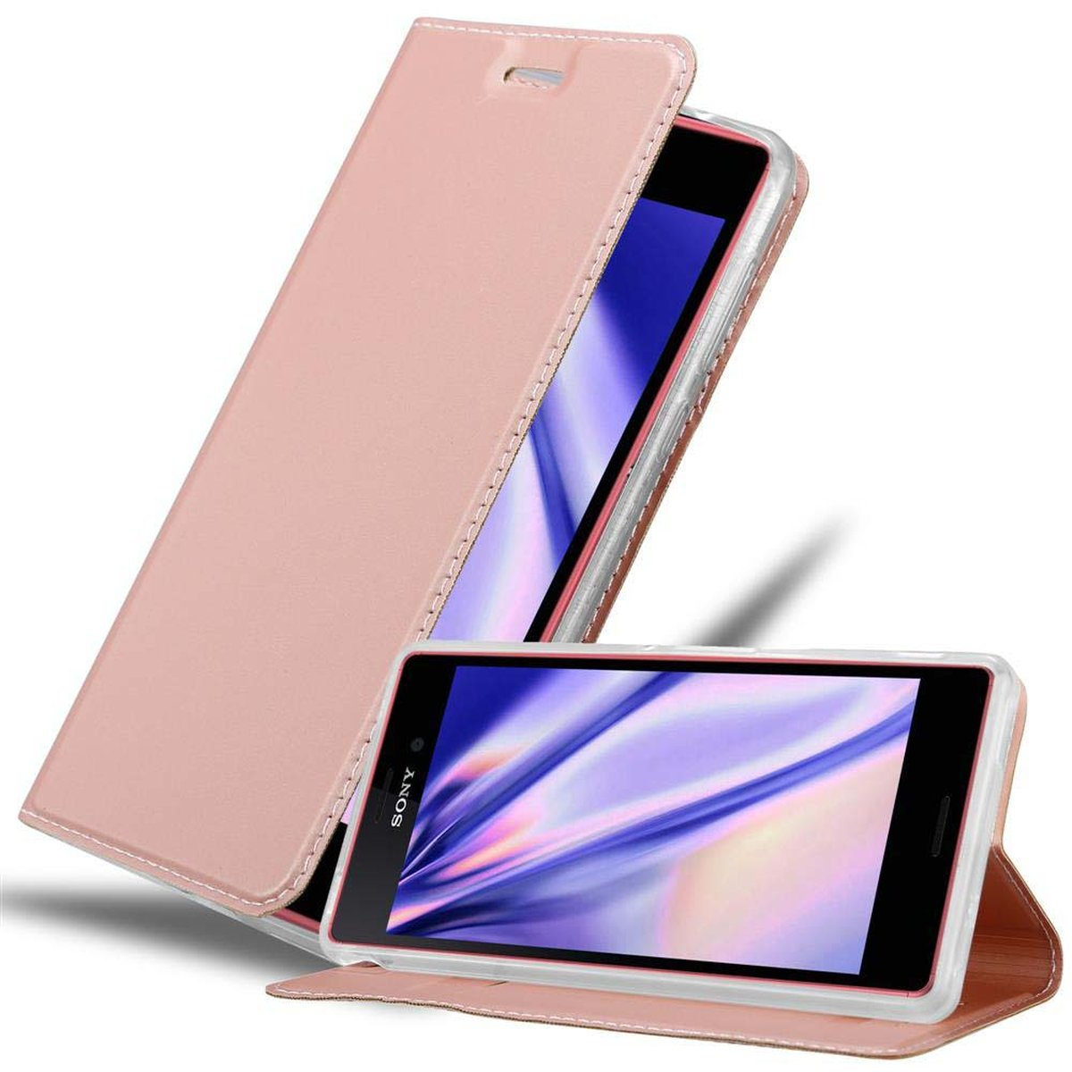 Funda rosa de teléfono abierta, mostrando el teléfono. El teléfono está sostenido por la funda abierta. Fondo blanco.