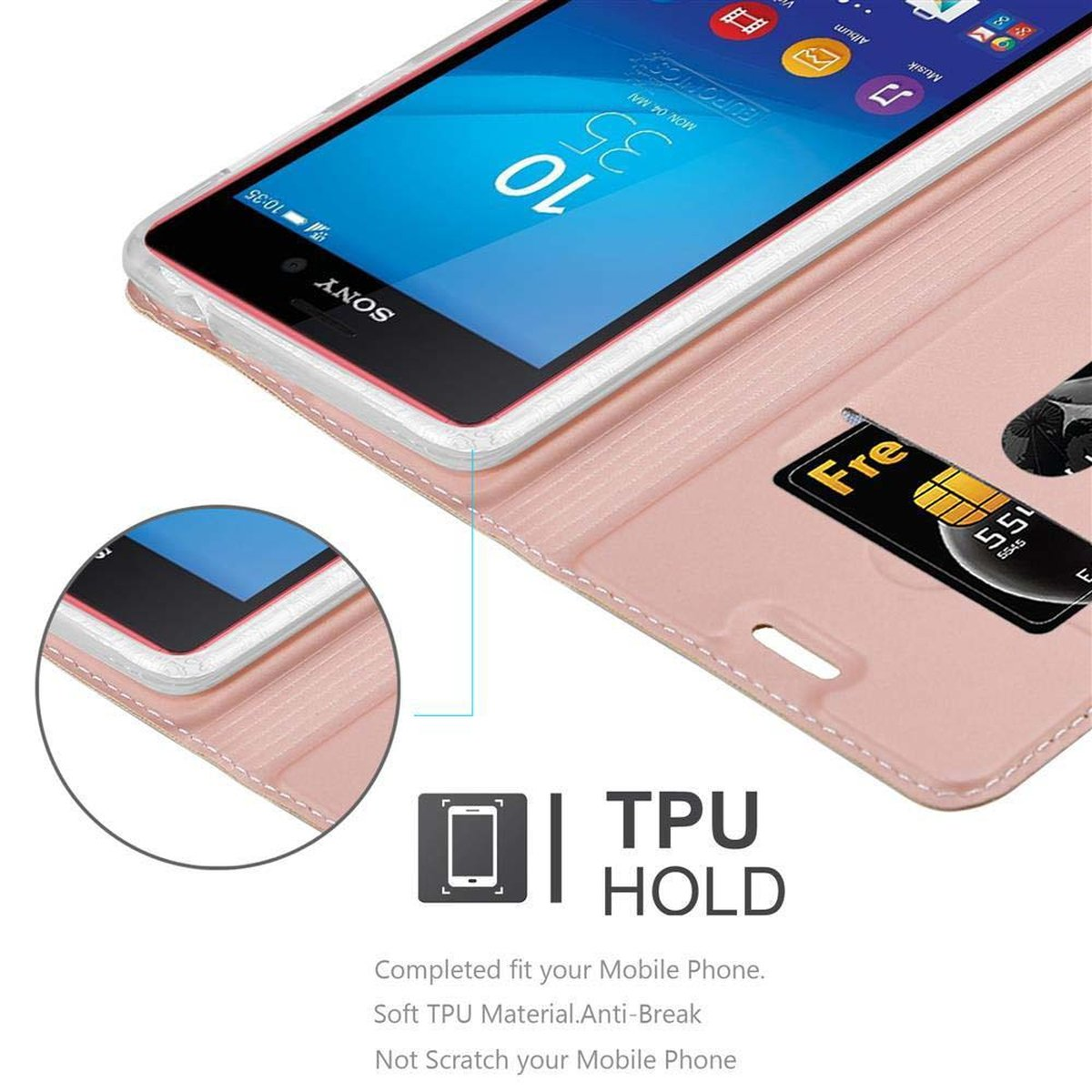 Funda de teléfono rosa con teléfono dentro. Ranura para tarjeta con tarjeta. Soporte de TPU.