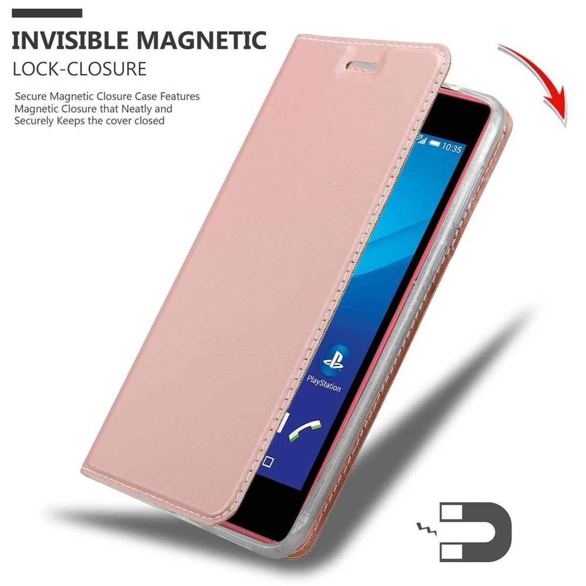 Funda rosa para teléfono con teléfono dentro. Cierre magnético. La cubierta está entreabierta. Logotipo de Playstation en la parte inferior.