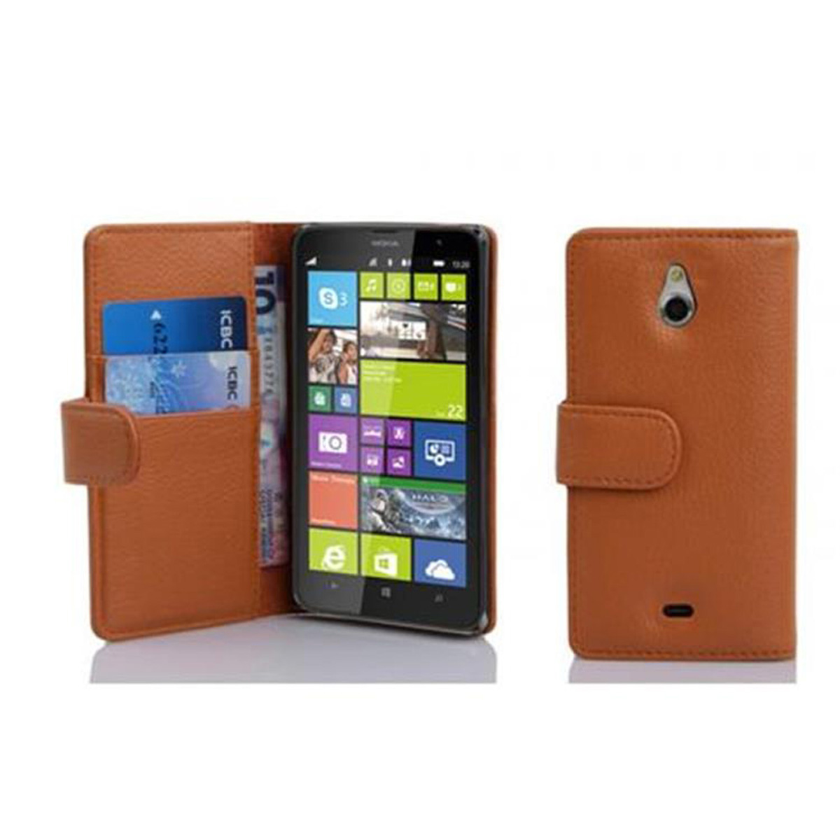 Étui de téléphone marron avec un téléphone à l'intérieur. Il a des emplacements pour cartes et une fermeture.
