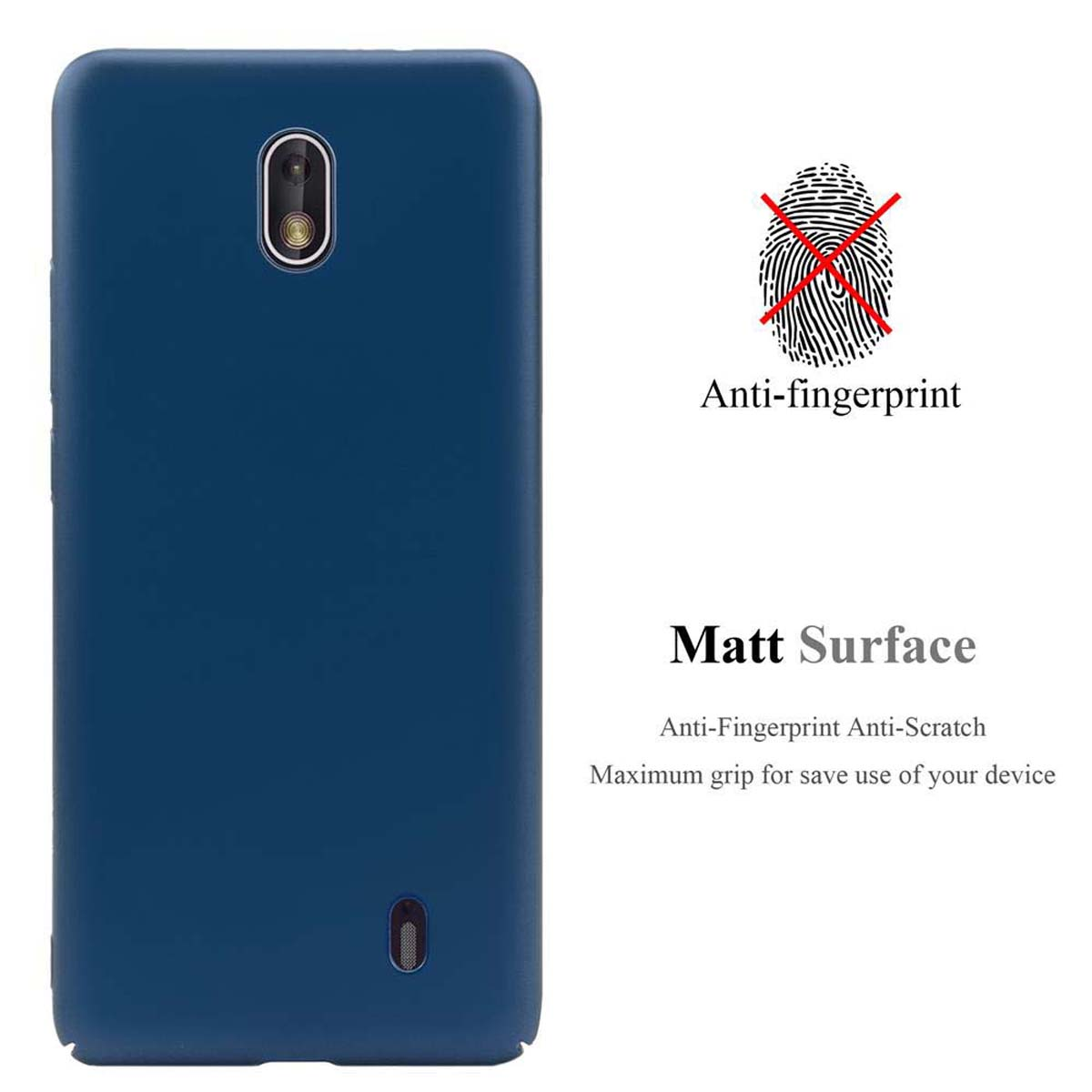 Dunkelblaue Handyhülle mit Anti-Fingerabdruck und Matt-Oberfläche-Text und einer Handykamera.