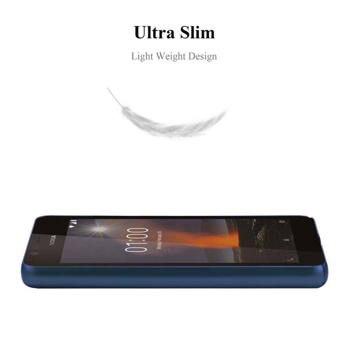 Schwarzes Telefon auf blauem Case. Feder-Grafik darüber. Text: Ultra Slim.