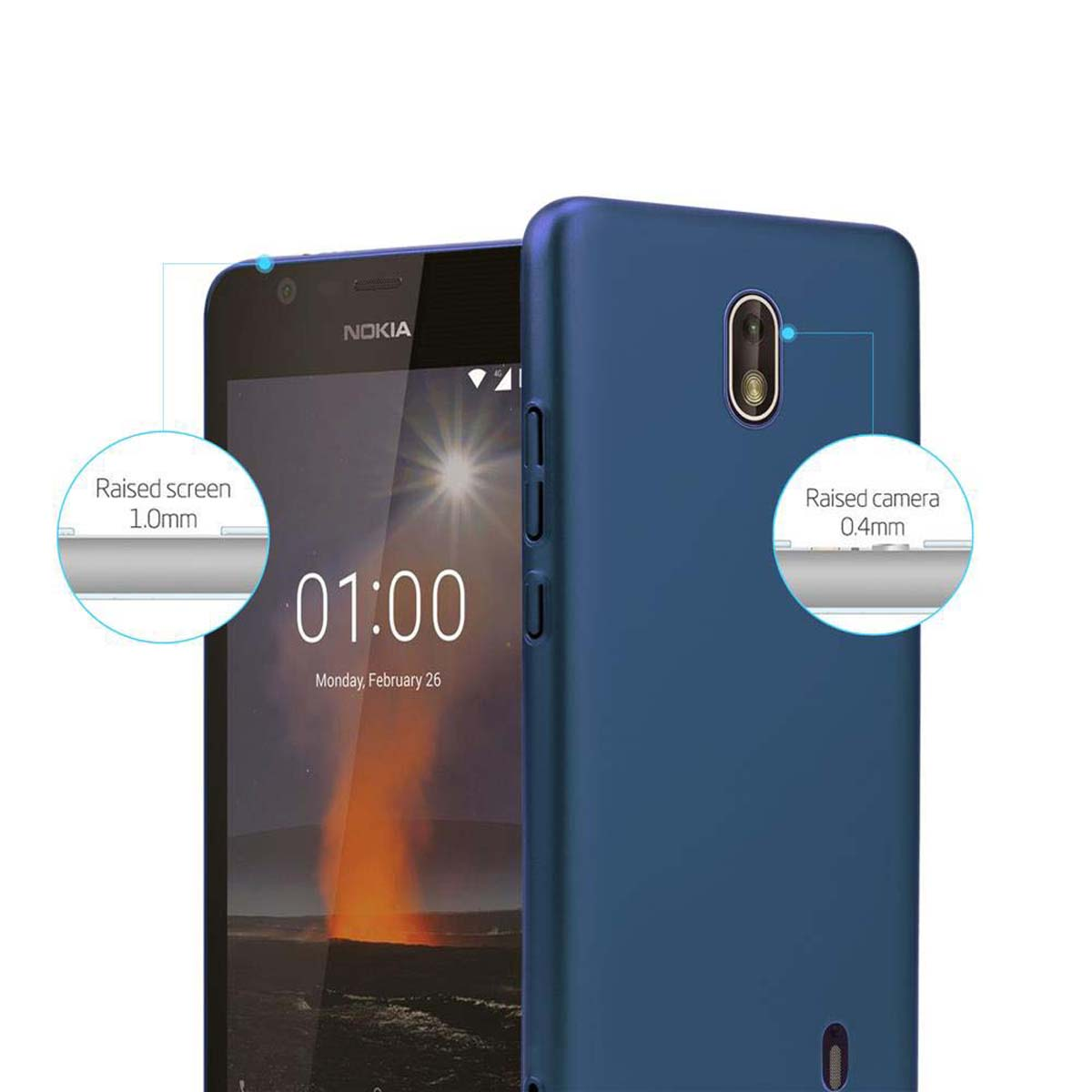 Ein blaues Telefon mit einem blauen Gehäuse. Der Bildschirm zeigt die Uhrzeit.