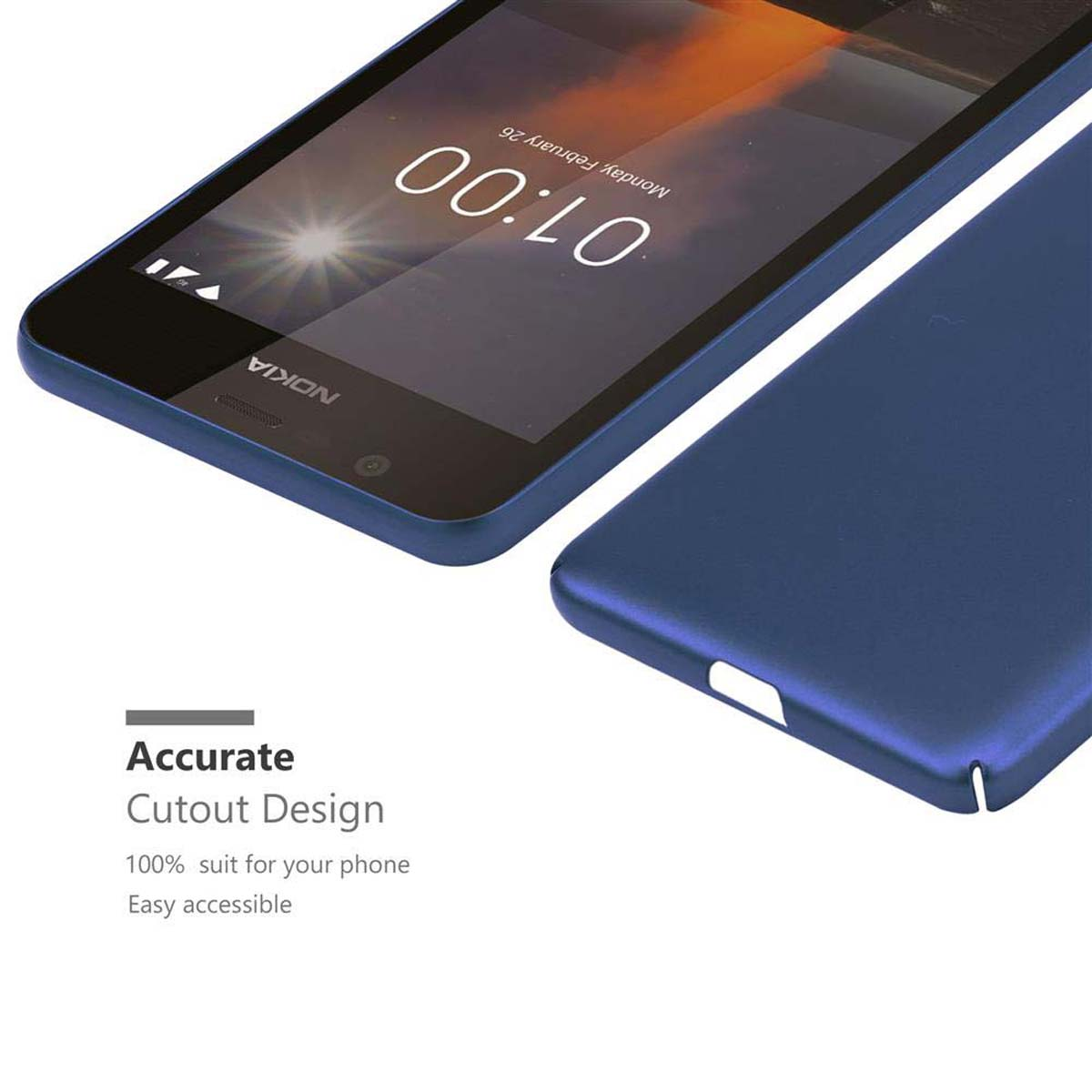 Blaue Handyhülle mit einem Telefon darin. Text: Präzises Ausschnittdesign, 100% passend für Ihr Telefon.