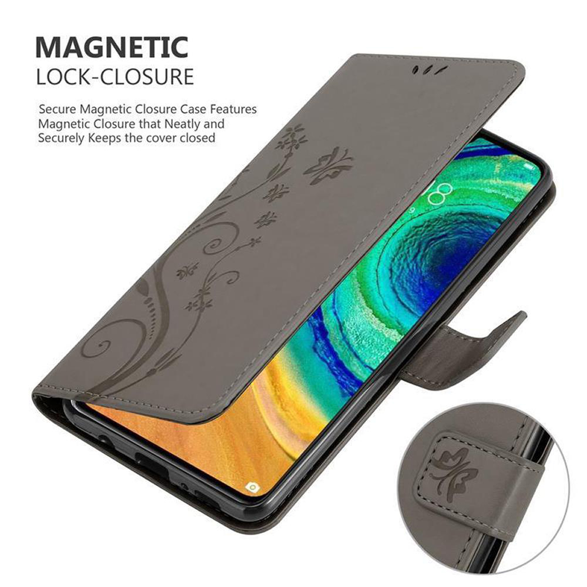 Custodia grigia aperta con telefono. Design floreale e dettaglio di chiusura magnetica.