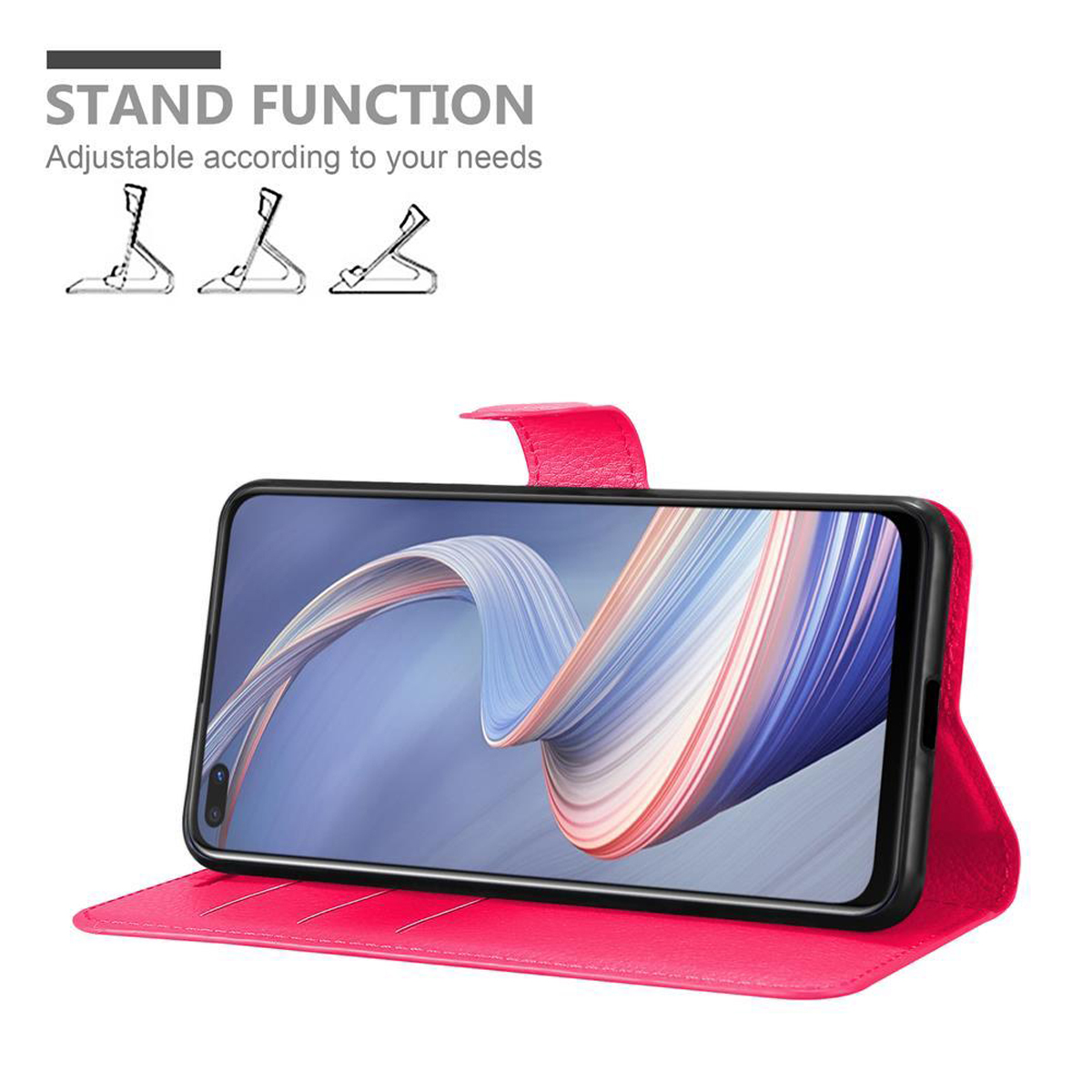 Rosa Handyhülle mit Standfunktion, offen. Der Telefonbildschirm ist sichtbar.