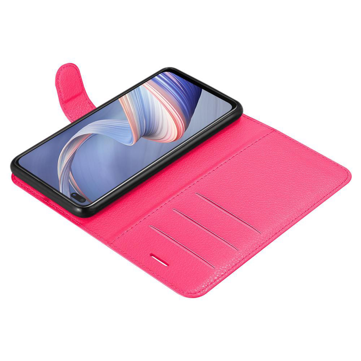 Rosa Handyhülle offen, mit Telefon. Das Telefon hat blau-weißes Wirbeldesign auf dem Bildschirm.