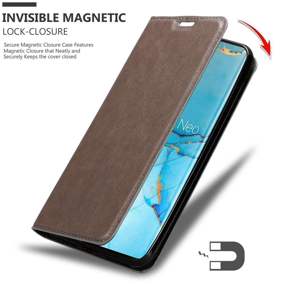 Eine braune Handyhülle, die teilweise geöffnet ist und einen Telefonbildschirm zeigt.