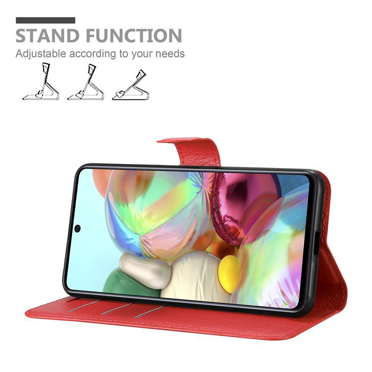 Rote Handyhülle mit geöffnetem Handy. Standfunktion oben gezeigt.