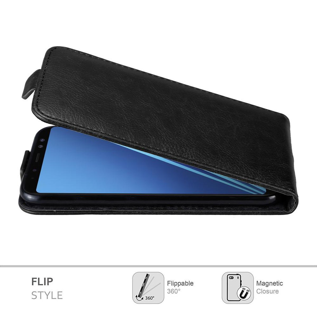 Custodia a libro nera, aperta, che rivela un telefono con schermo blu.
