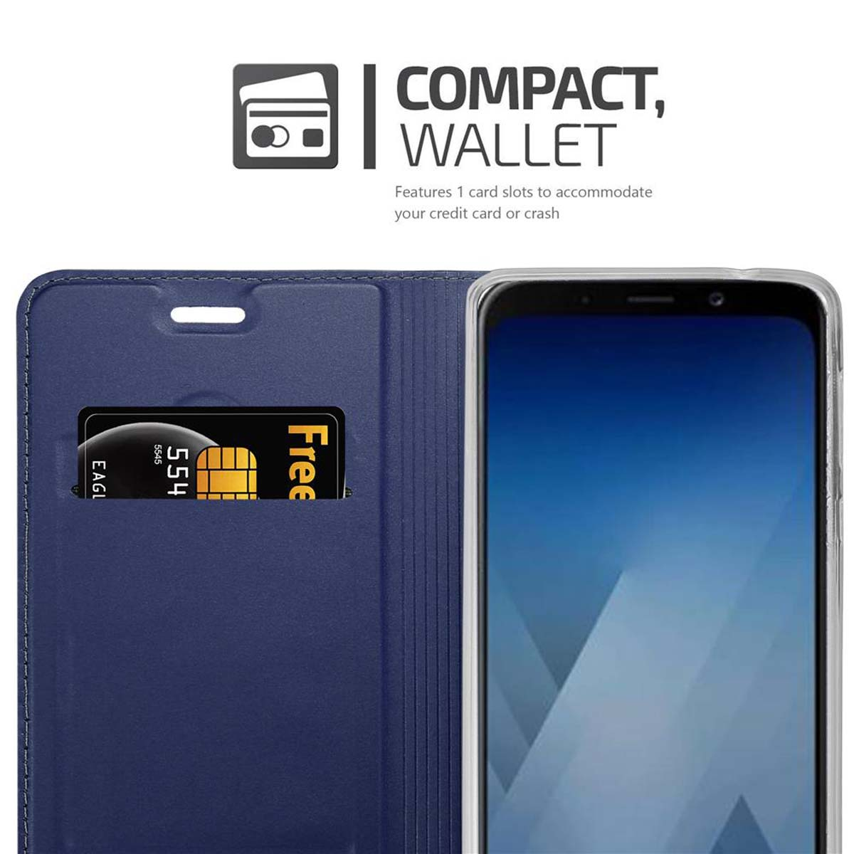 Blaue Handyhülle mit Kartenfach und Kreditkarte. Telefon ist drin. Die Hülle ist offen. Kompaktes Portemonnaie-Design.