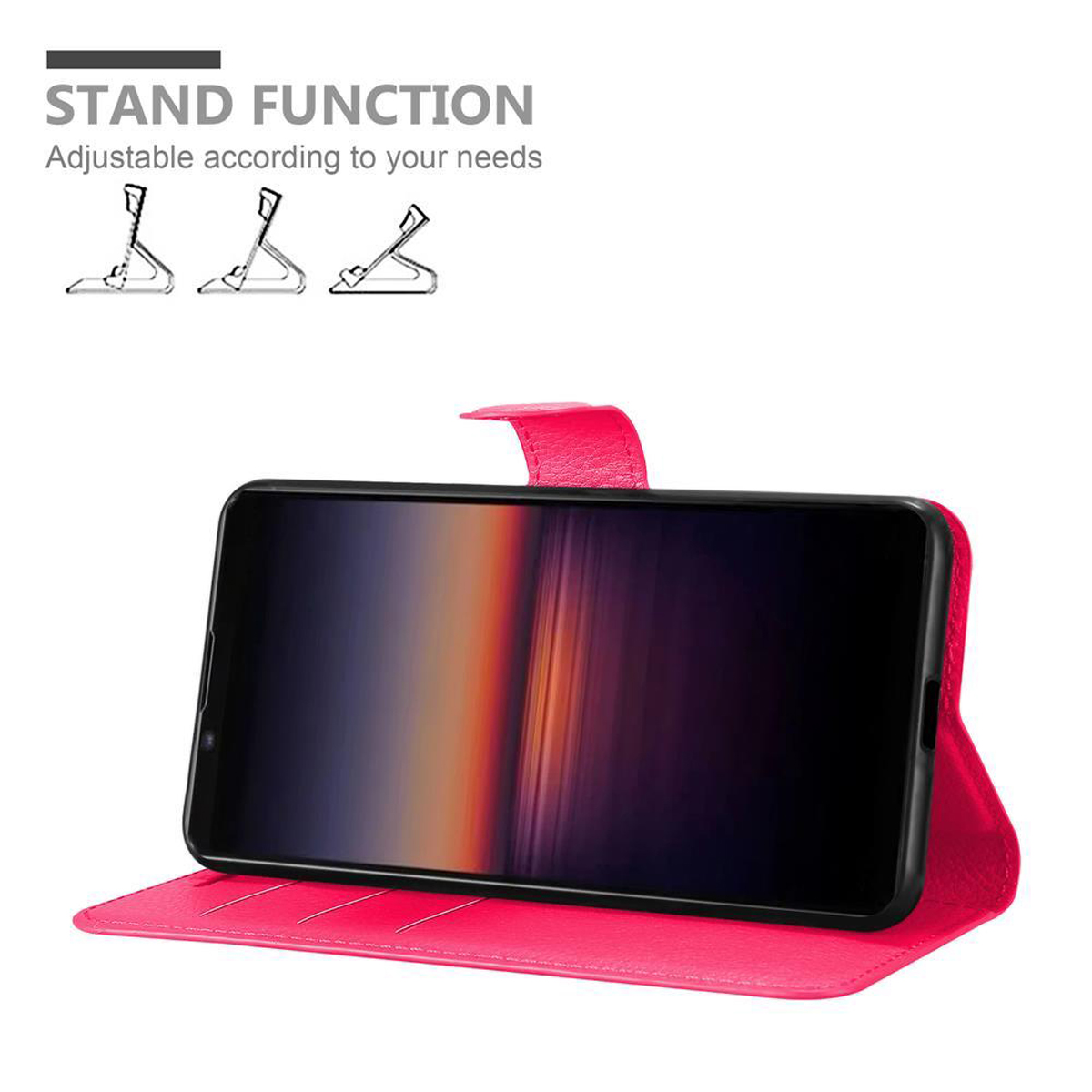 Custodia per telefono rosa con telefono all'interno, con funzione di supporto. Testo: Funzione supporto, regolabile in base alle tue esigenze.