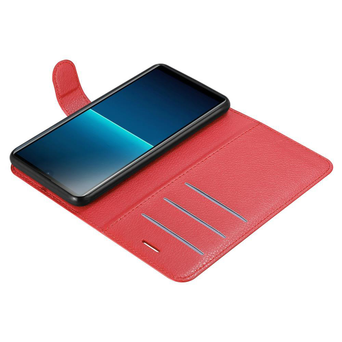 Custodia rossa per telefono con telefono. La custodia è aperta, mostrando fessure e un telefono. Sfondo bianco.