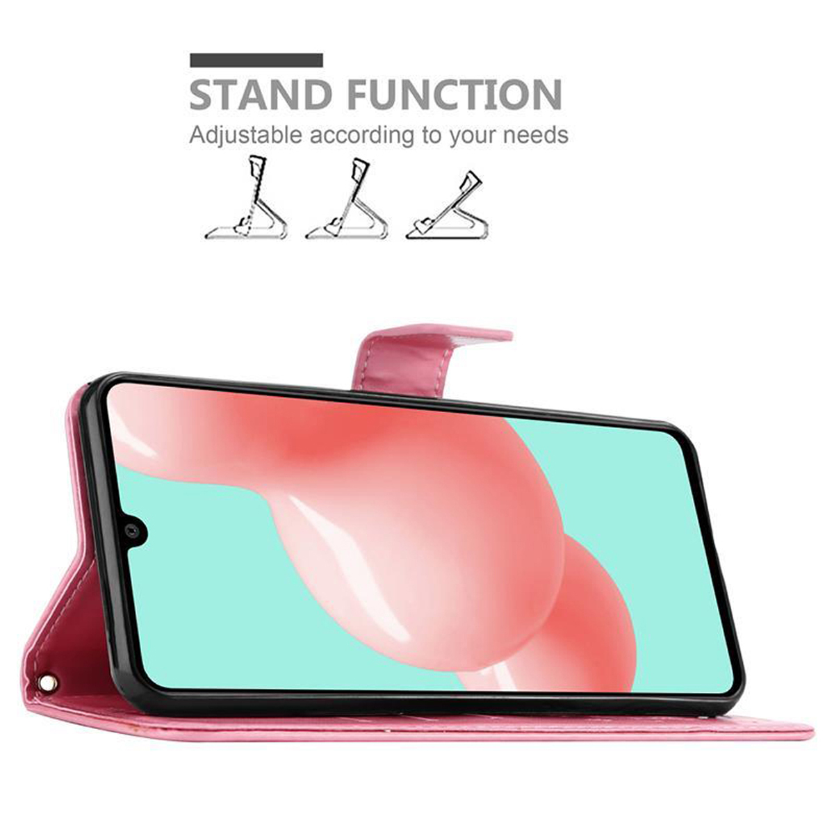 Custodia rosa per telefono con telefono all'interno, sfondo azzurro e rosa, funzione stand.