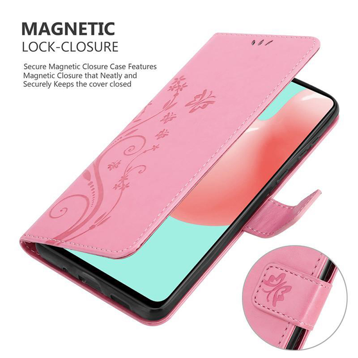 Custodia rosa aperta, rivela schermo telefono. Design floreale sulla cover, chiusura magnetica visibile.