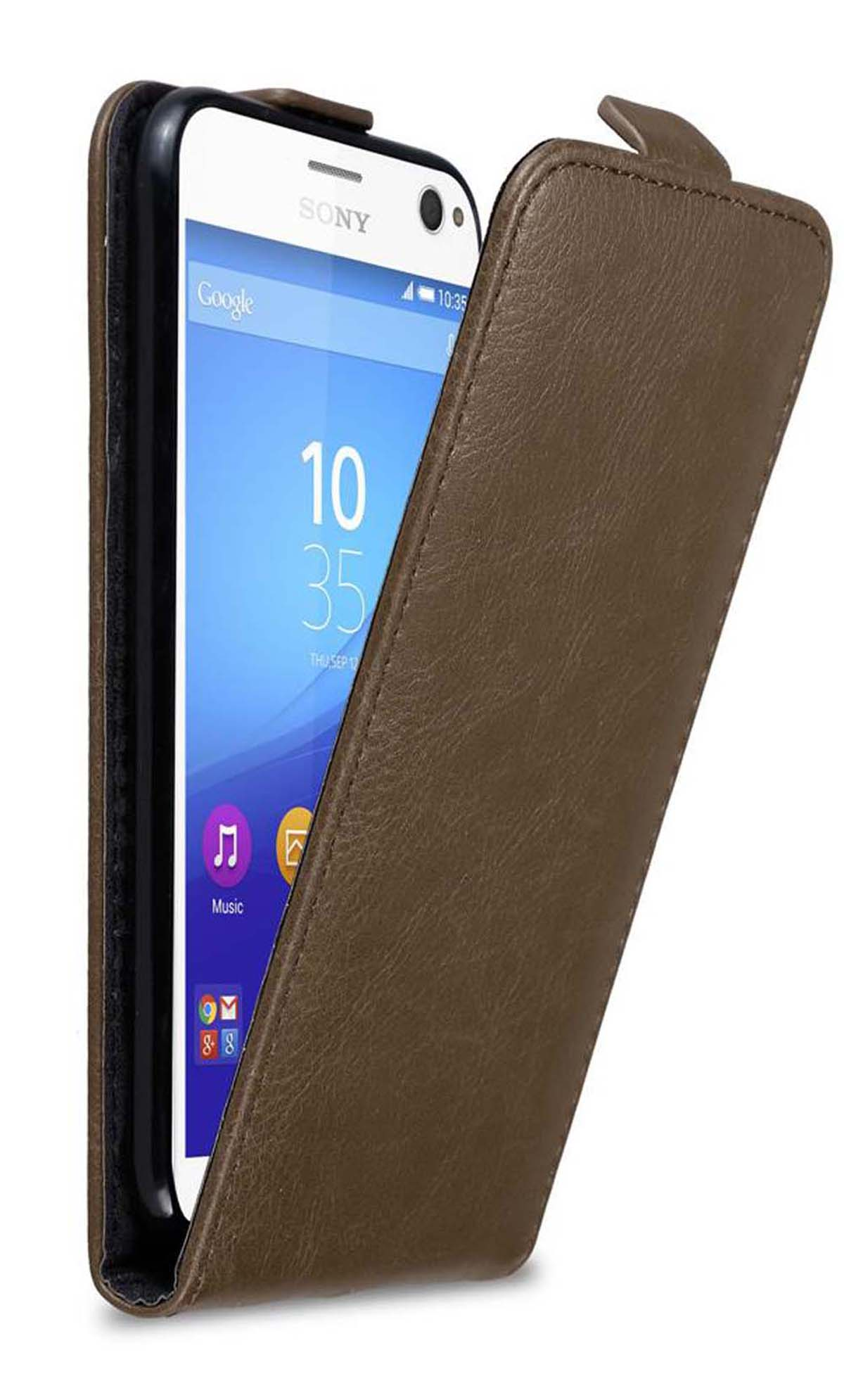 Custodia per telefono in pelle marrone con telefono Sony bianco all'interno. La custodia è aperta.