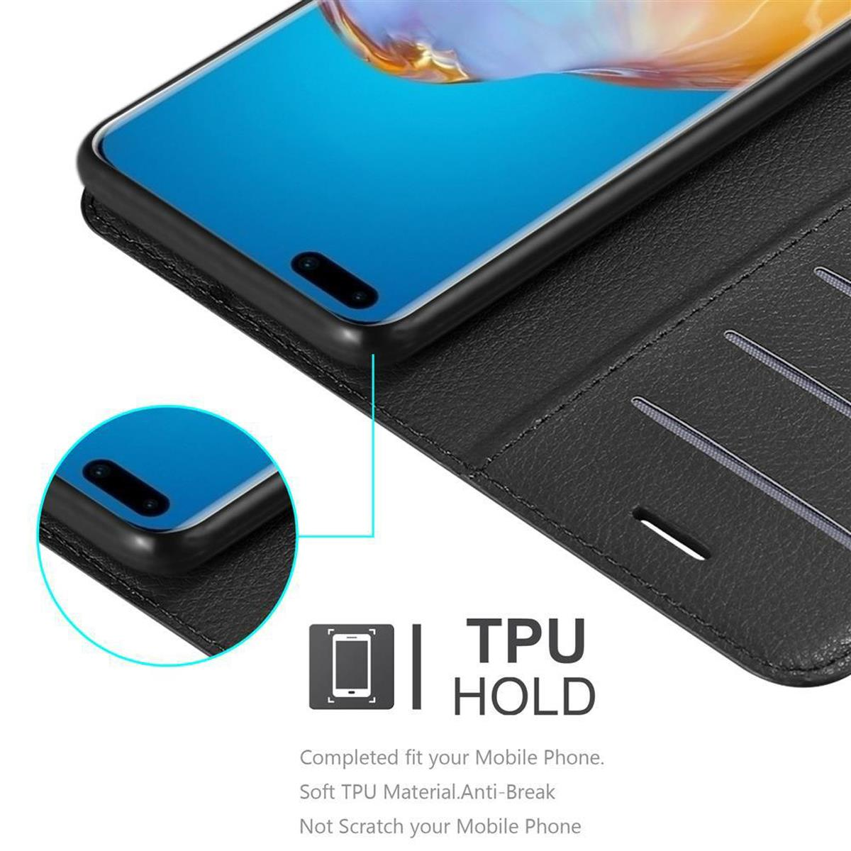 Telefono nero in custodia a portafoglio nera, supporto TPU, con fessure per carte.