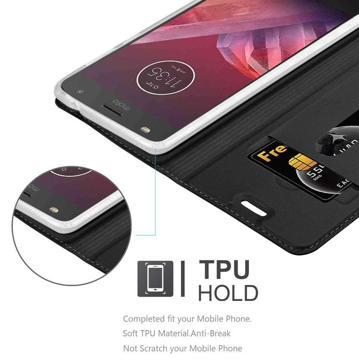 Una funda de teléfono negra está abierta, mostrando un teléfono y una tarjeta de crédito. La hora es 11:35.