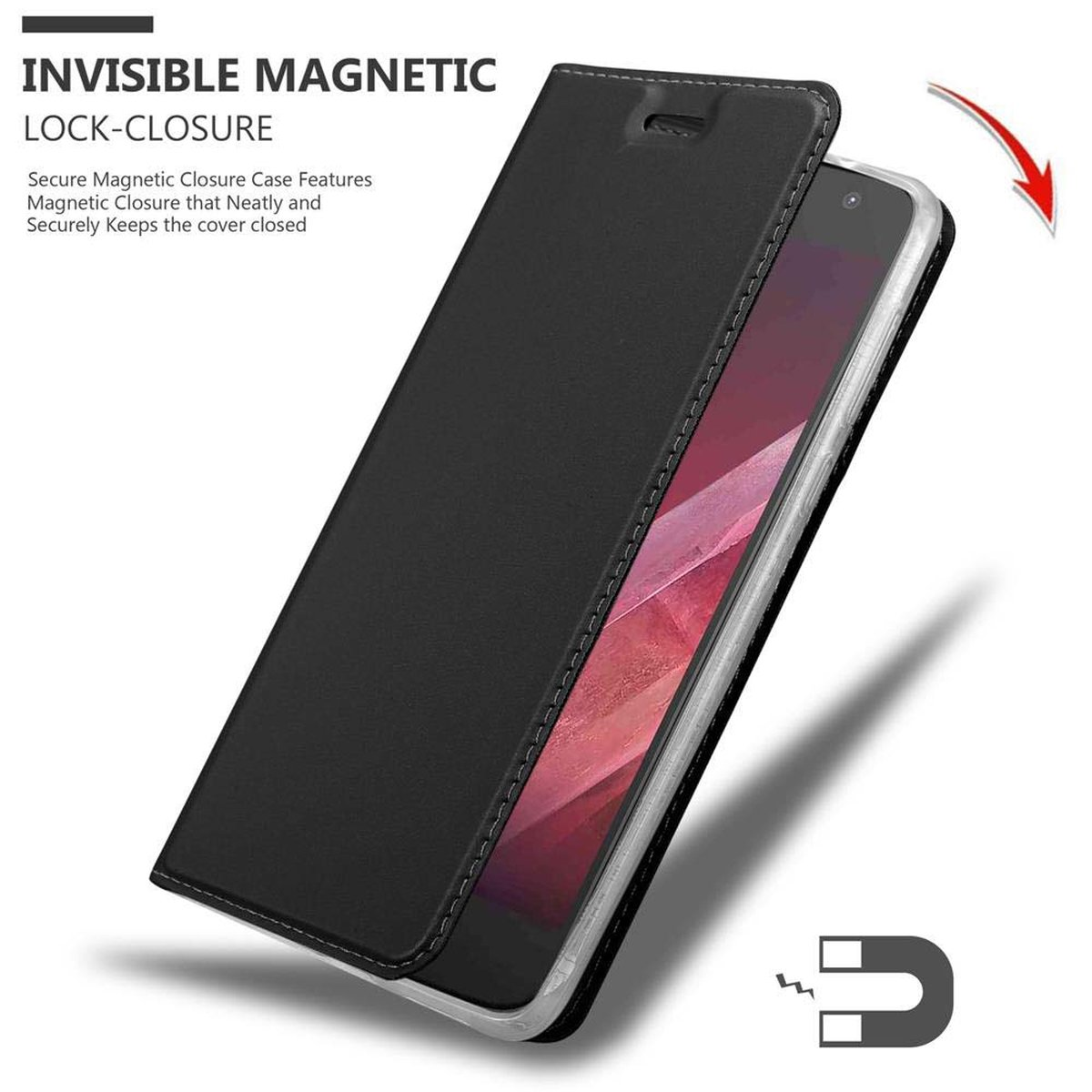 Funda de teléfono de cuero negro abierta, mostrando un teléfono. Texto: "INVISIBLE MAGNETIC LOCK-CLOSURE" y símbolo.